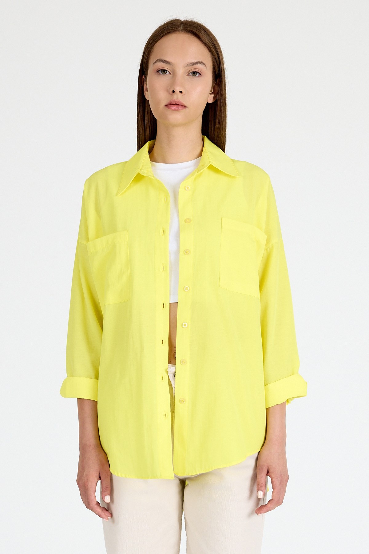 Sarı Çift Cepli Oversize Uzun Basic Gömlek TCR 6256A
