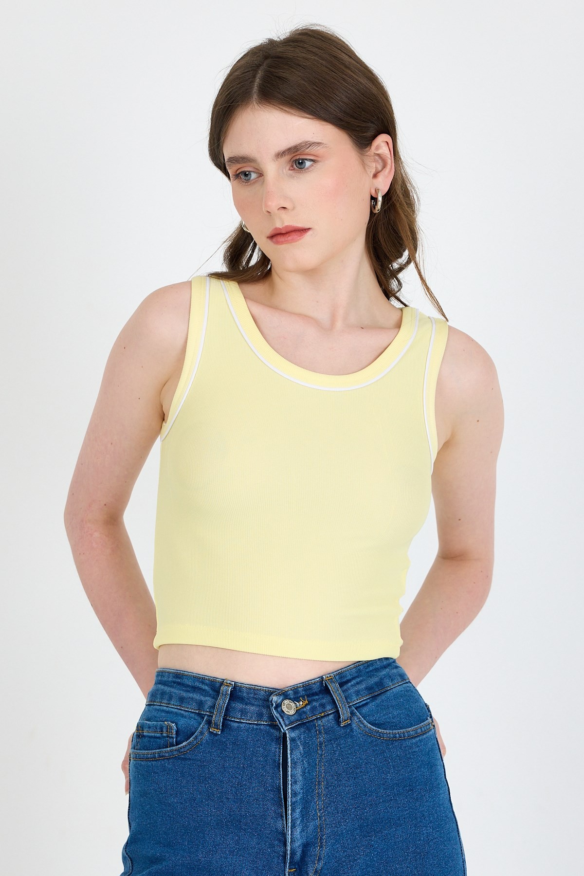 Sarı Şerit Detaylı Örme Crop Atlet 1049
