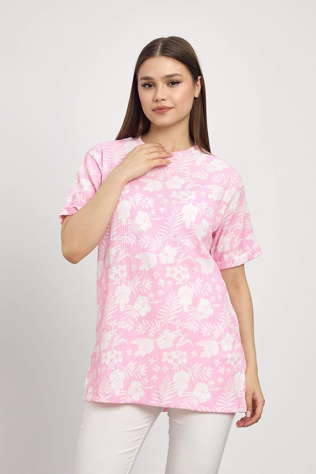 Şeker Pembe Çiçek Desen Tişört 4357A