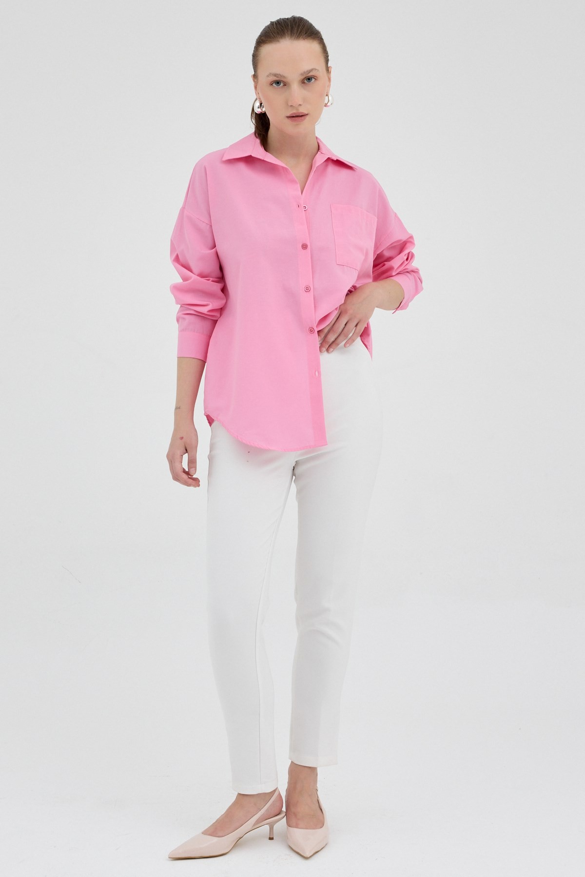 Şeker Pembe Tek Cepli Oversize Gömlek 8158A