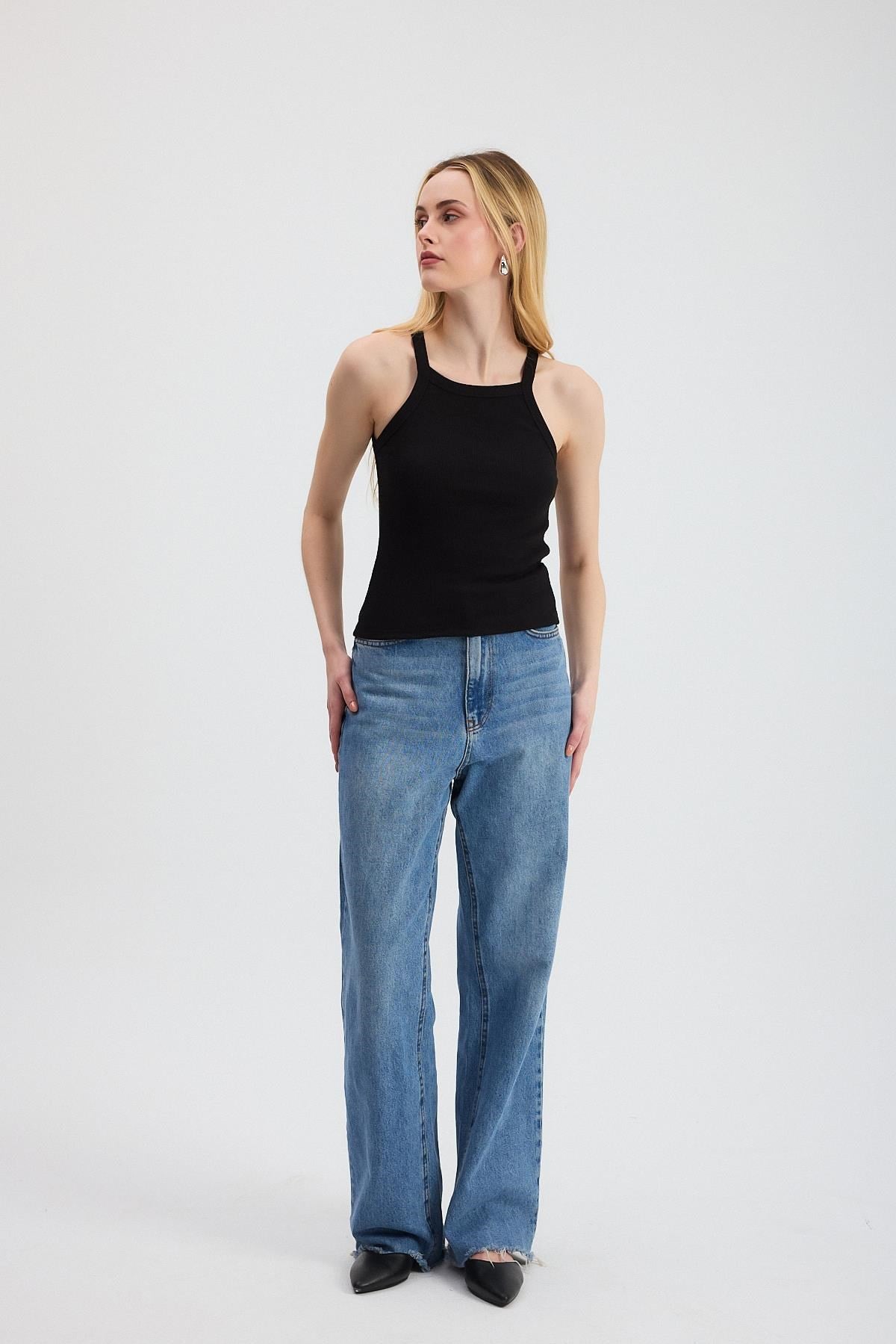 Siyah -1121 Sıfır Kol Fitilli Halter Yaka Basic Atlet