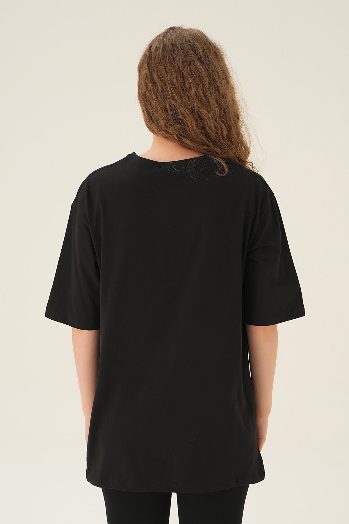 Siyah Balance Baskı Oversize Tişört 1697