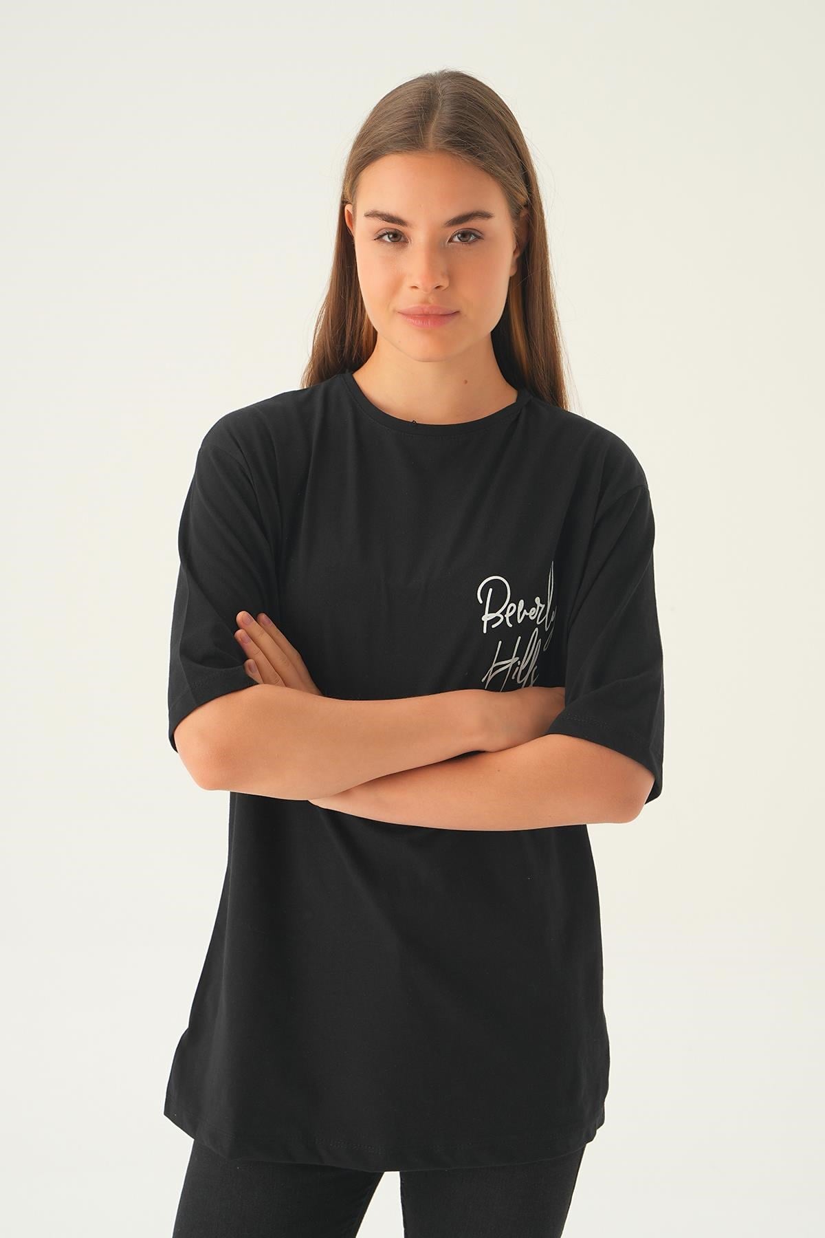 Siyah Baskılı Oversize Tişört 1707