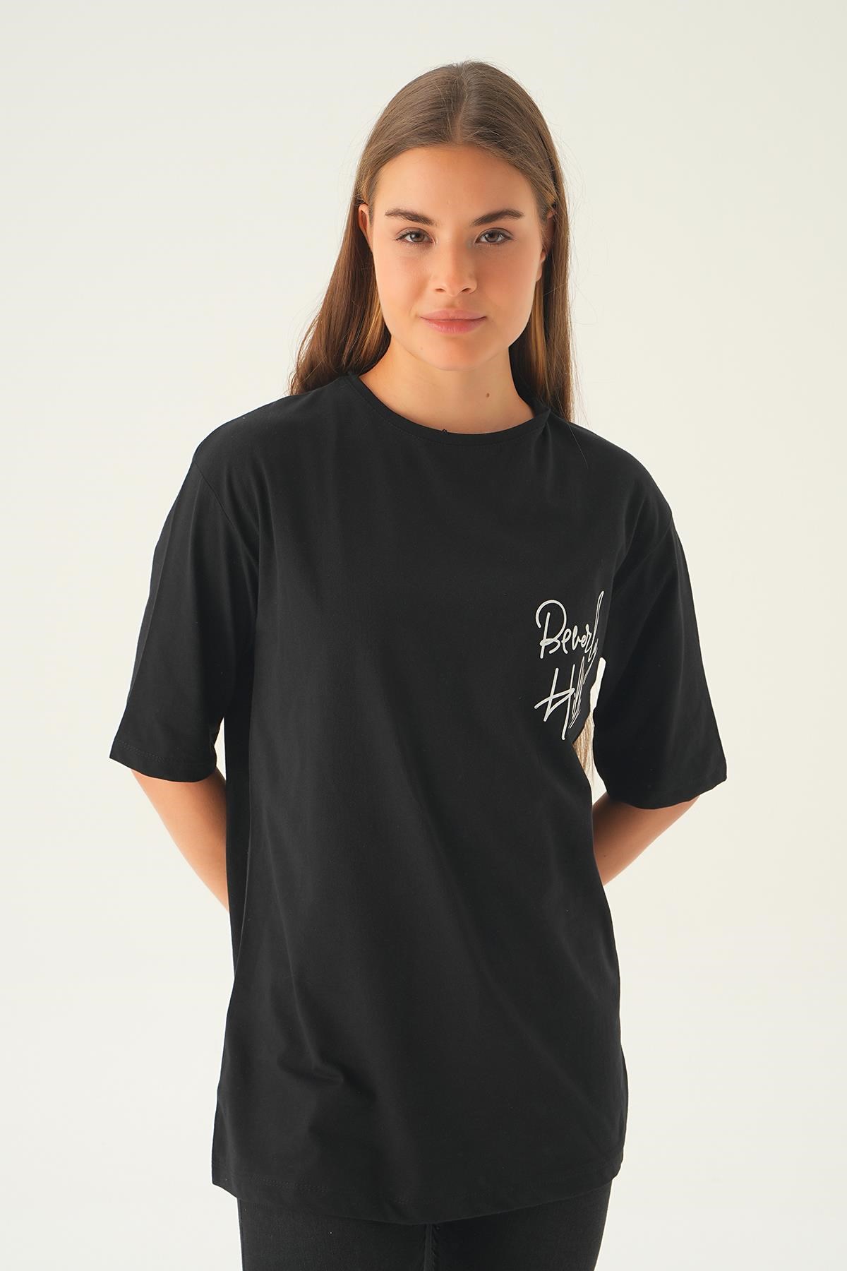 Siyah Baskılı Oversize Tişört 1707
