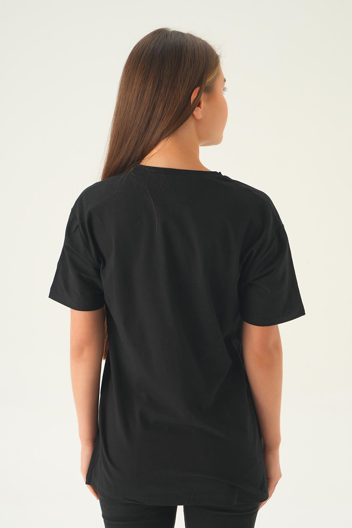 Siyah Baskılı Oversize Tişört 1716