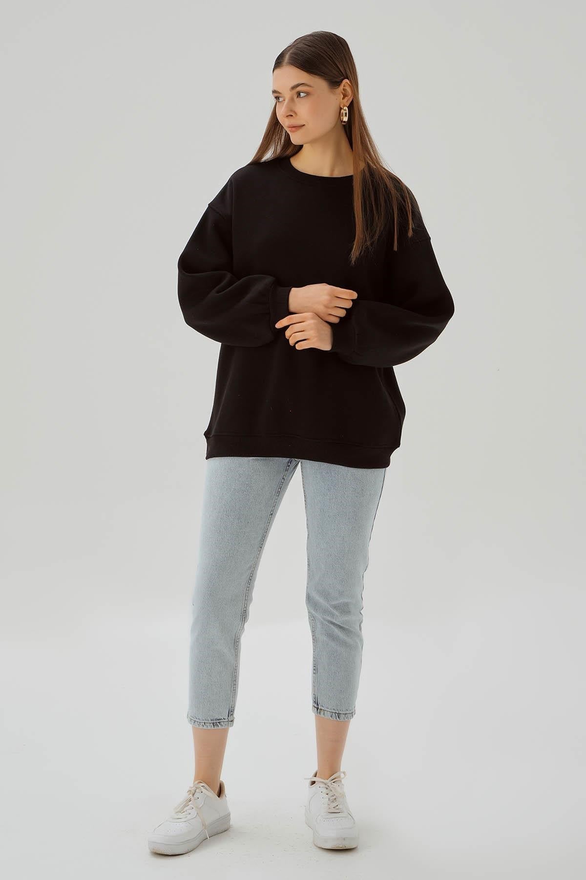 Siyah Bisiklet Yaka Oversize Sweat 3183