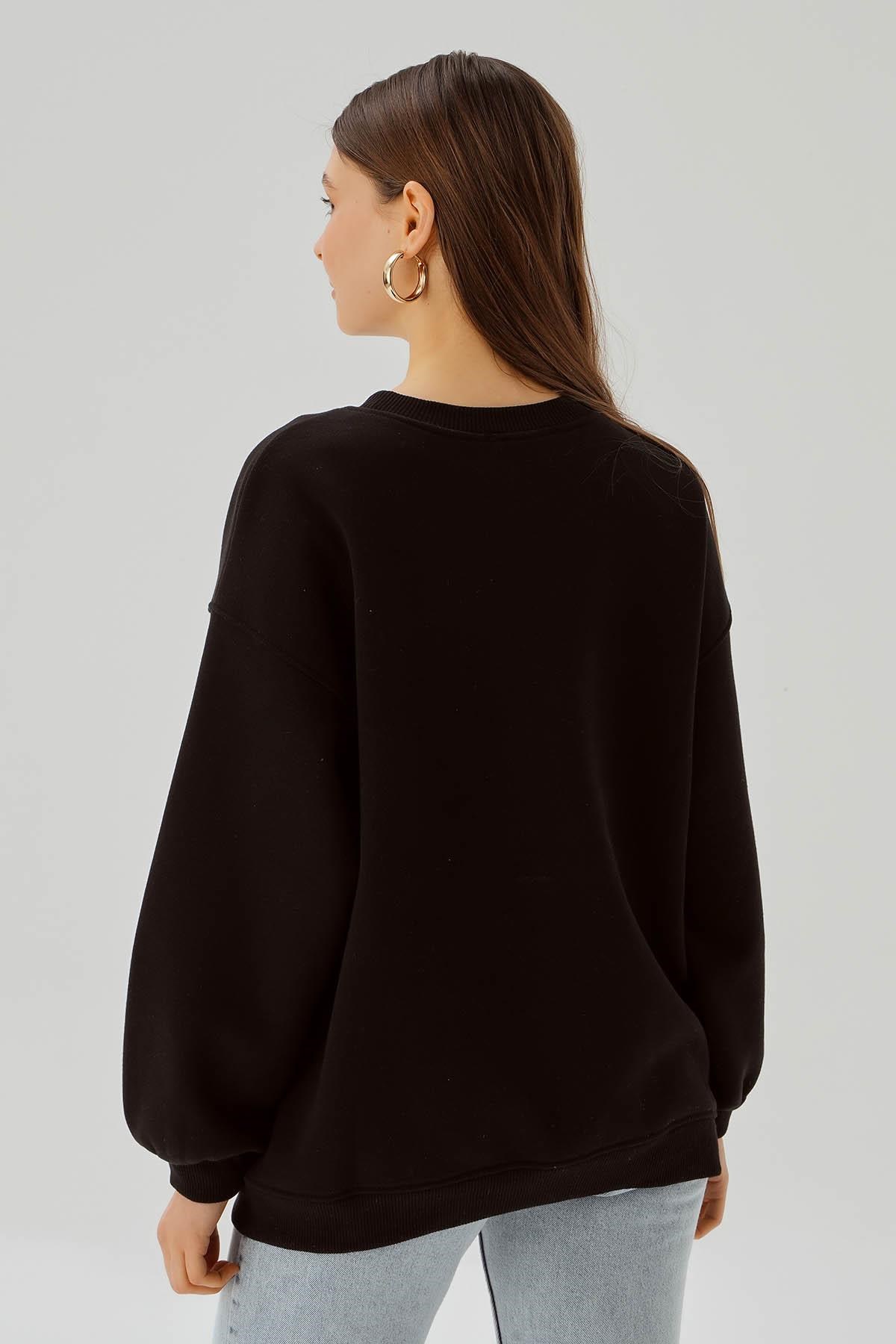 Siyah Bisiklet Yaka Oversize Sweat 3183