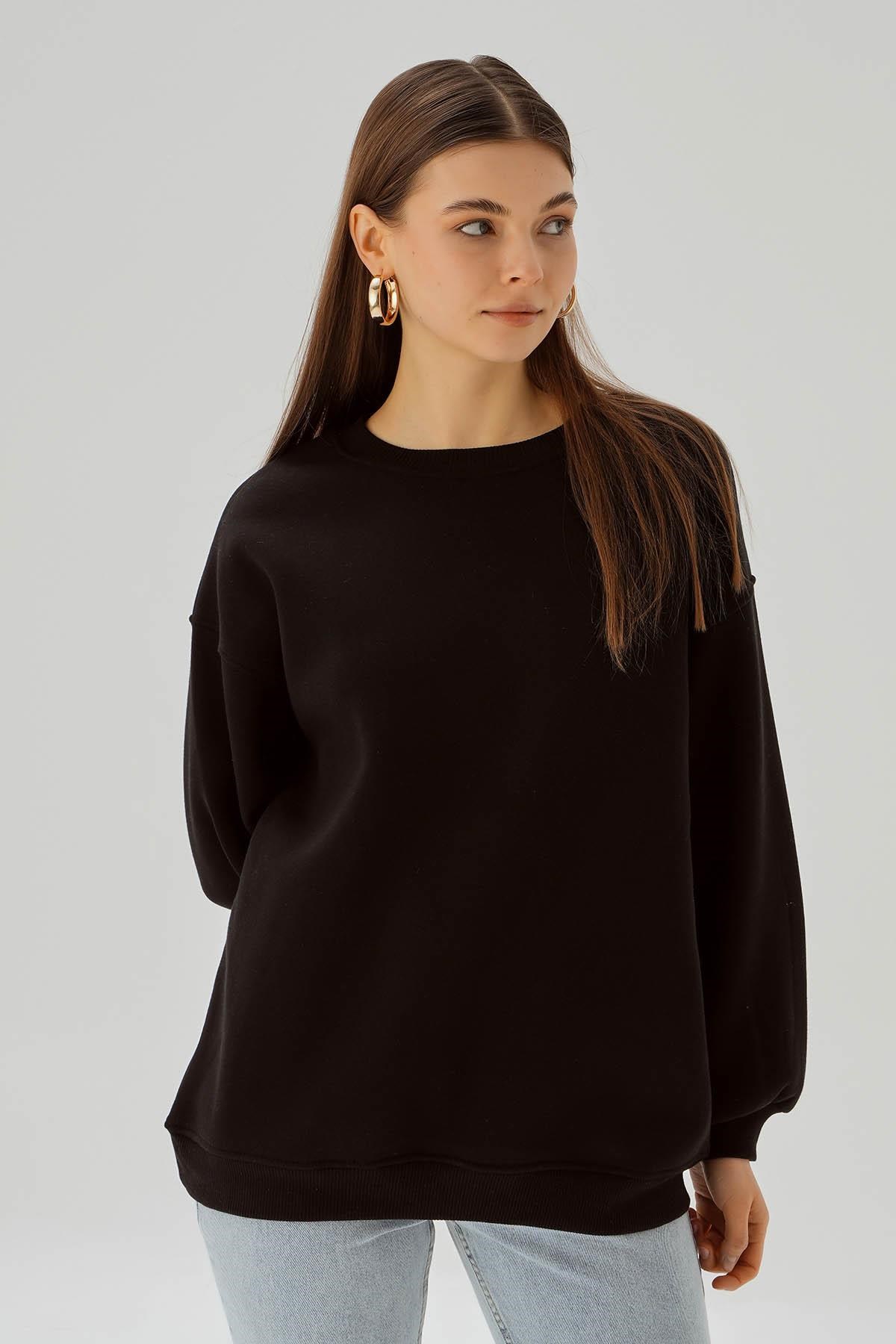 Siyah Bisiklet Yaka Oversize Sweat 3183