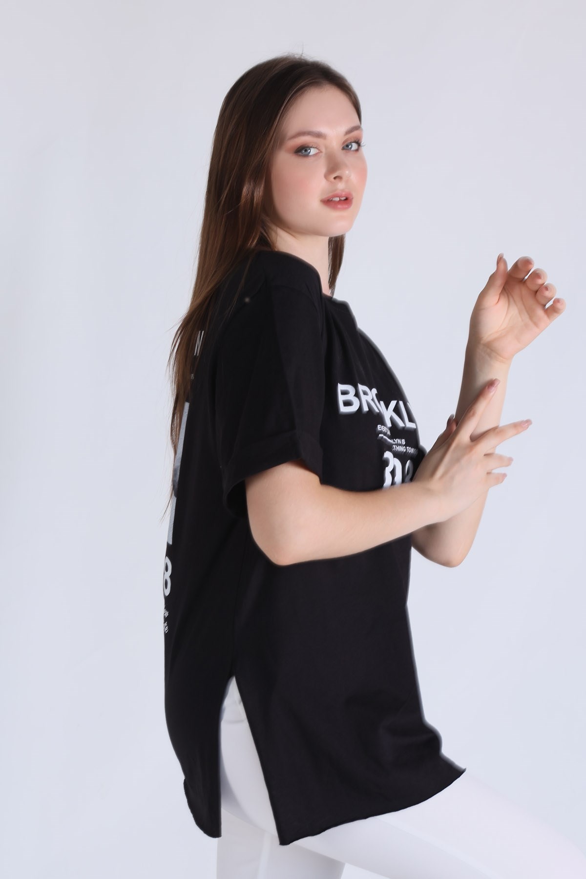 Siyah Brooklyn Baskı Oversize Tişört 5129