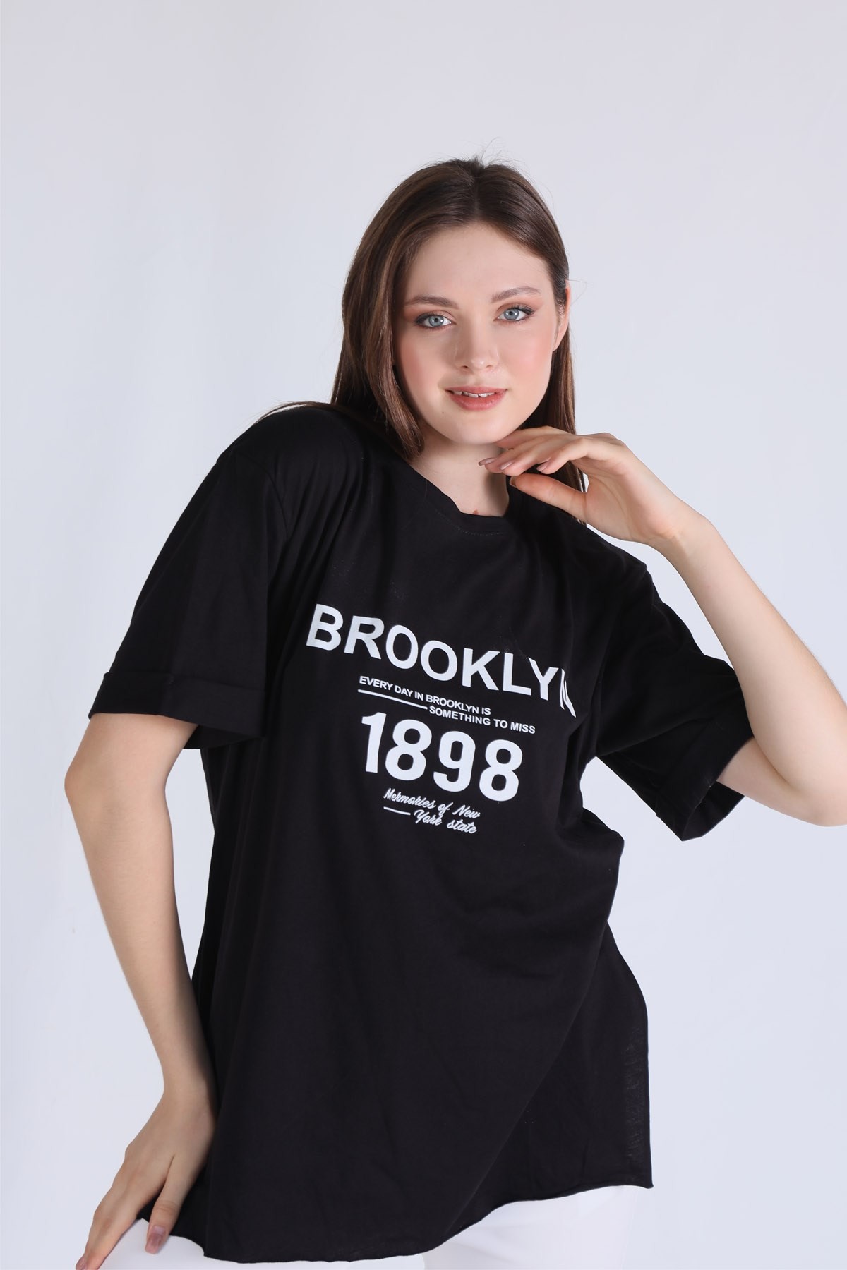 Siyah Brooklyn Baskı Oversize Tişört 5129