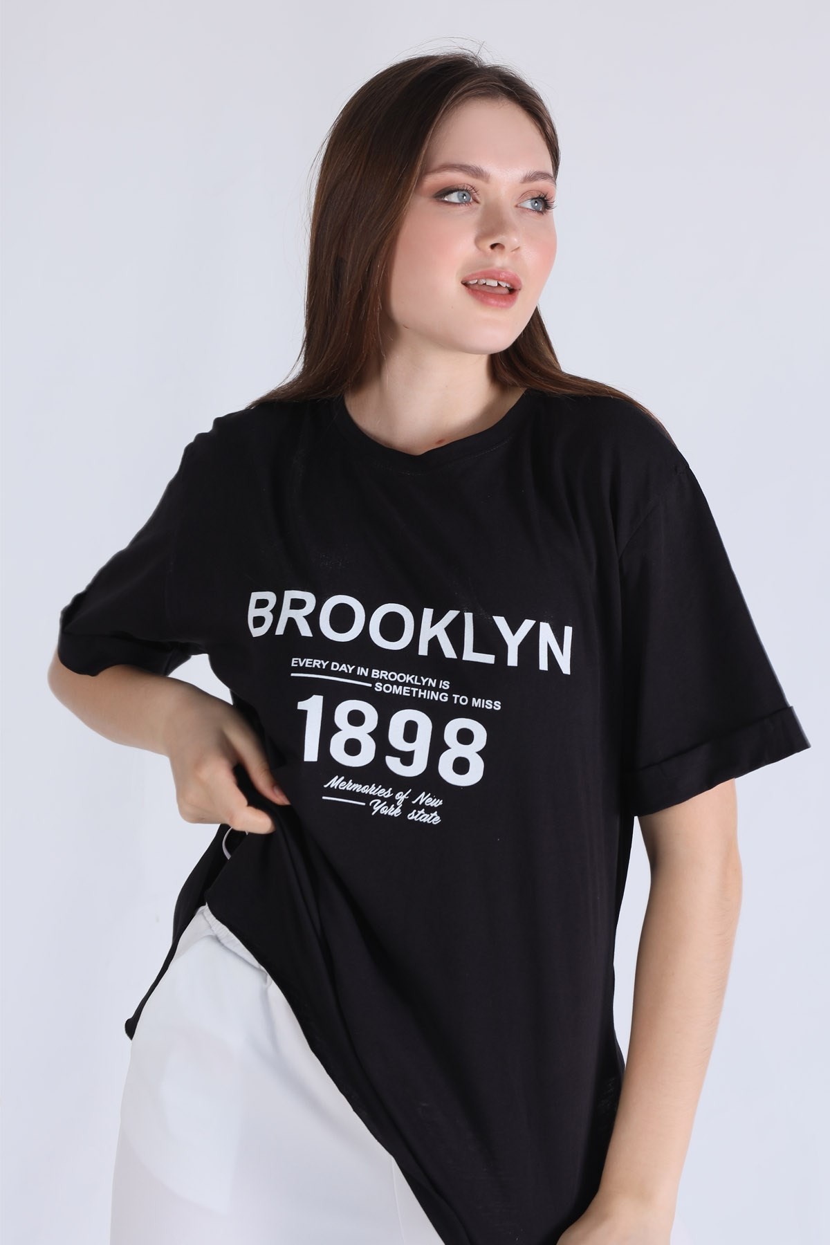 Siyah Brooklyn Baskı Oversize Tişört 5129