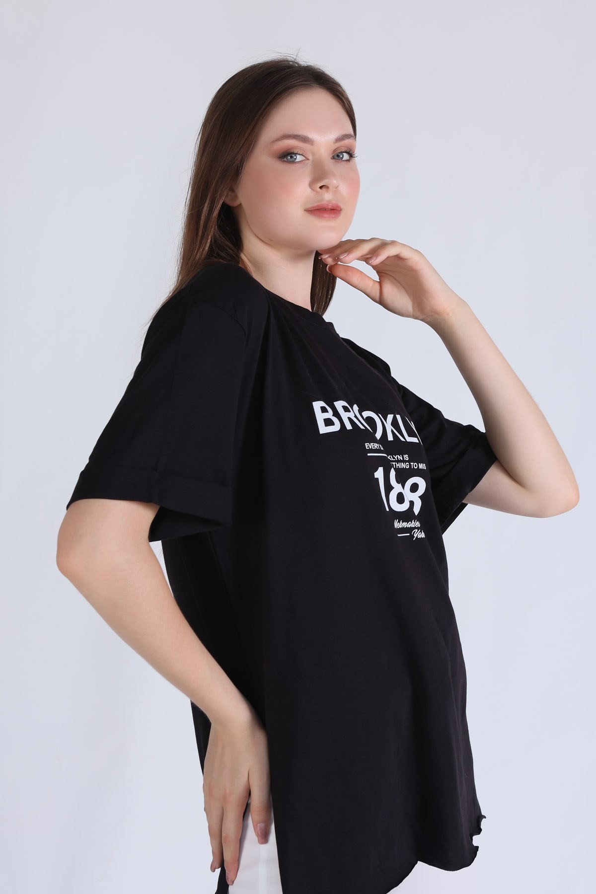 Siyah Brooklyn Baskı Oversize Tişört 5129