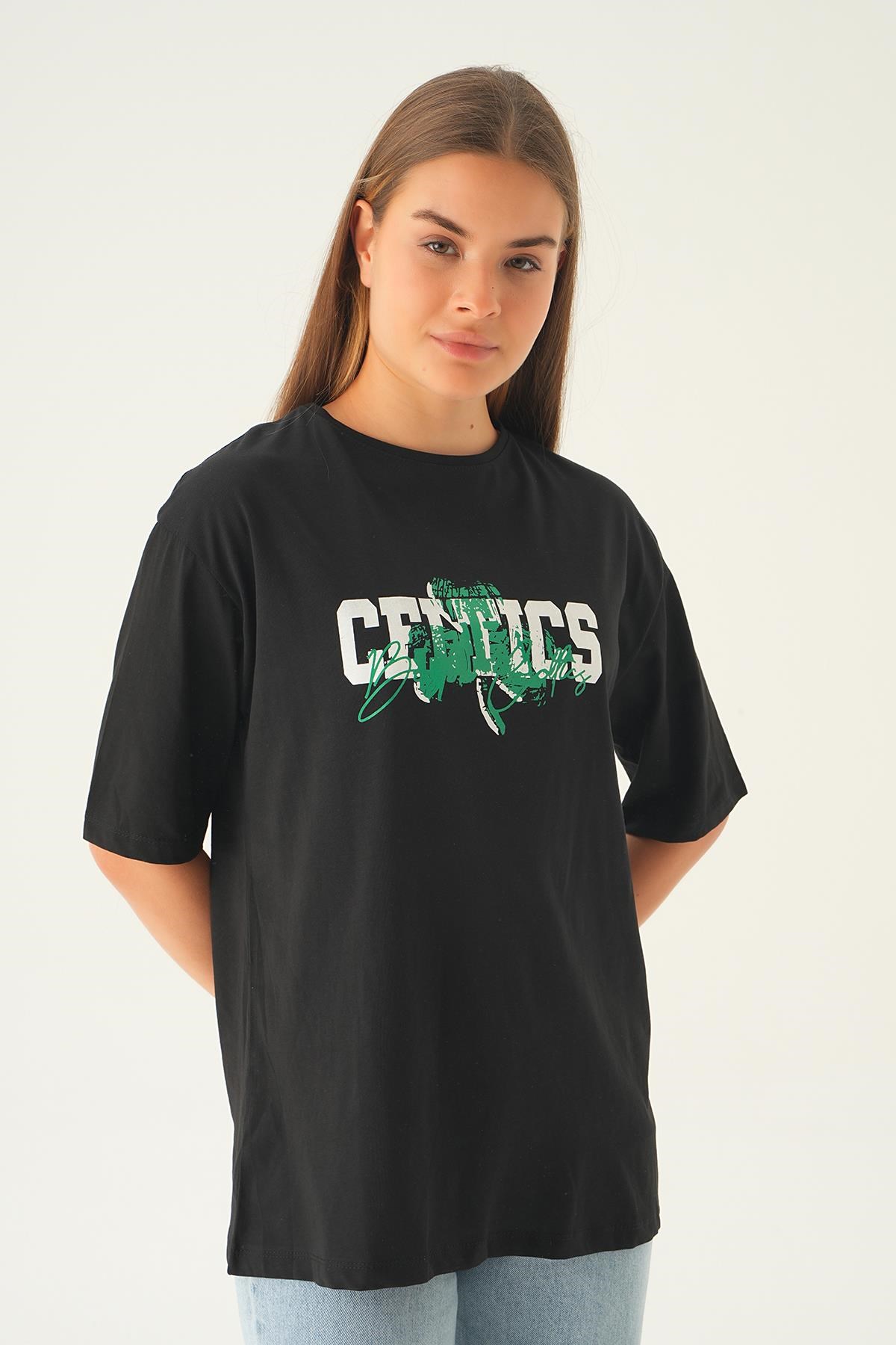 Siyah Celtıcs Baskı Oversize Tişört 1701