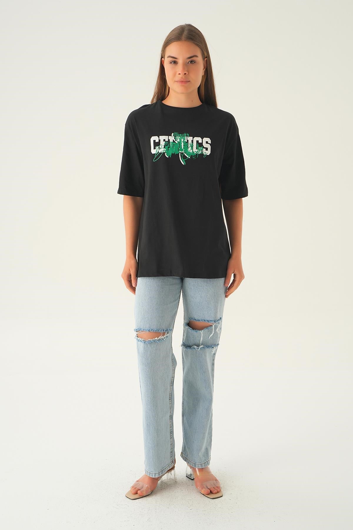 Siyah Celtıcs Baskı Oversize Tişört 1701