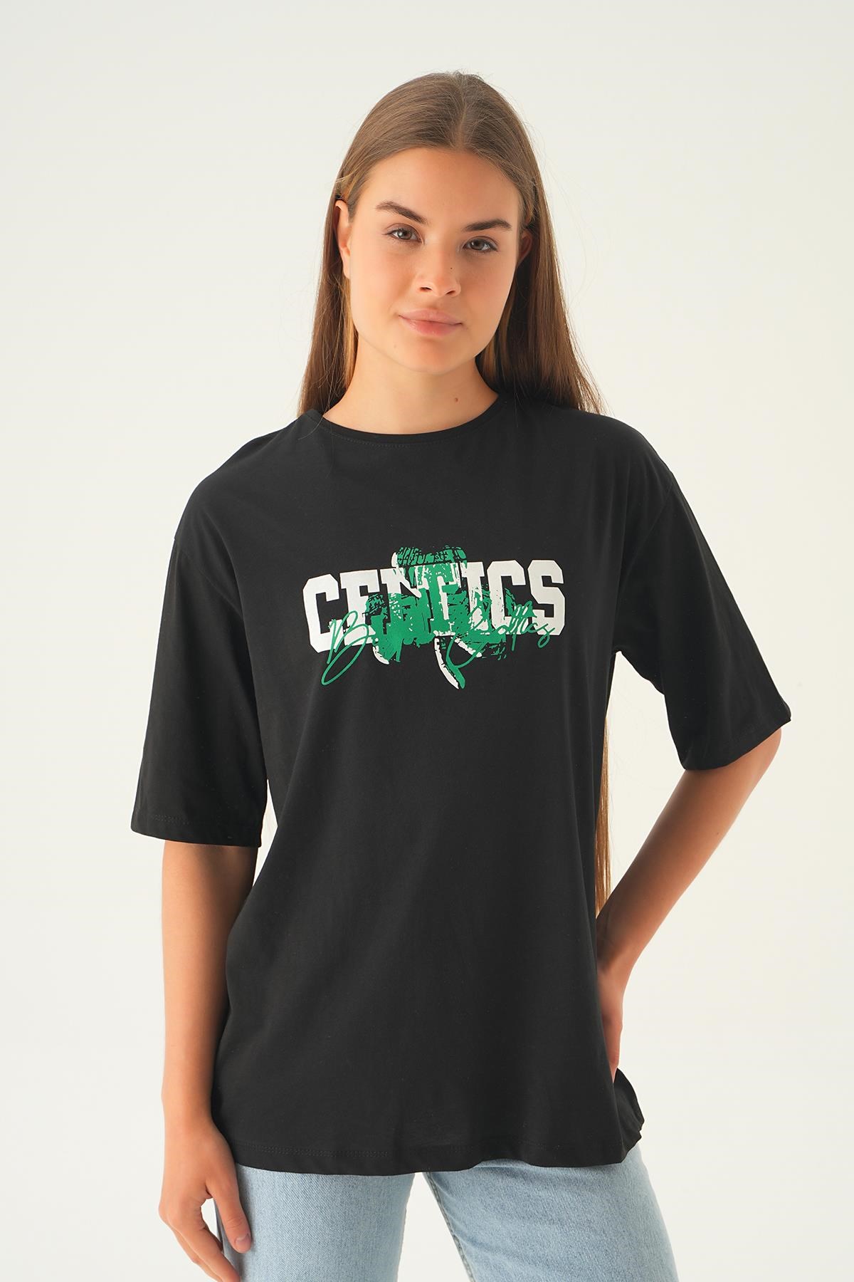 Siyah Celtıcs Baskı Oversize Tişört 1701