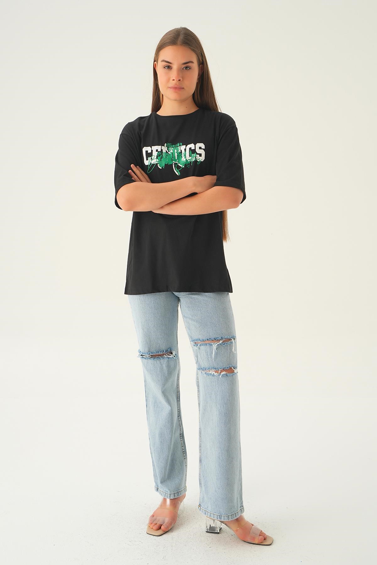 Siyah Celtıcs Baskı Oversize Tişört 1701