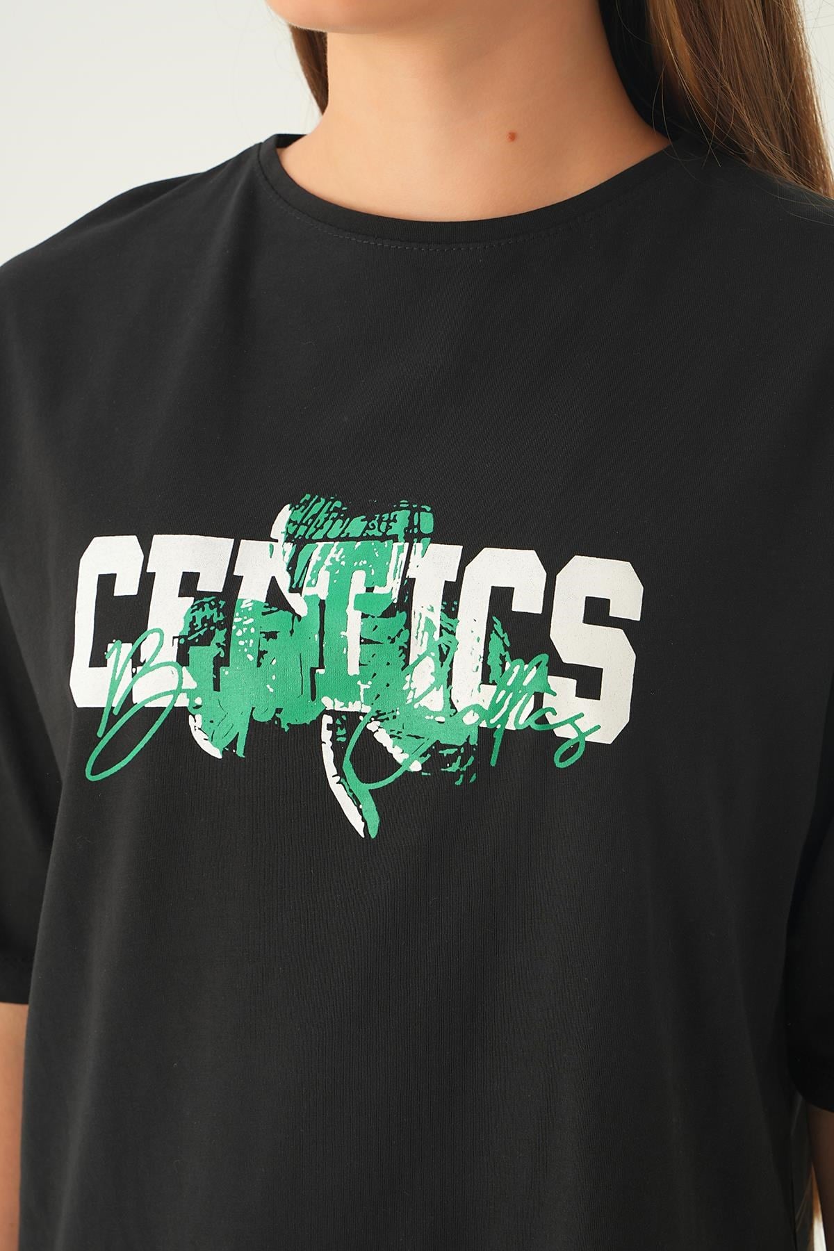 Siyah Celtıcs Baskı Oversize Tişört 1701