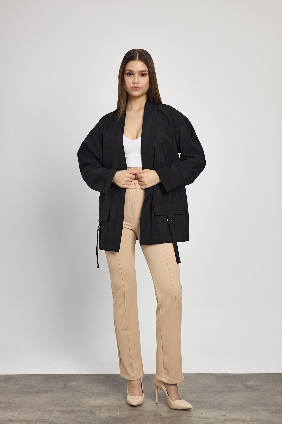 Siyah Cep Detay Kimono 4194A