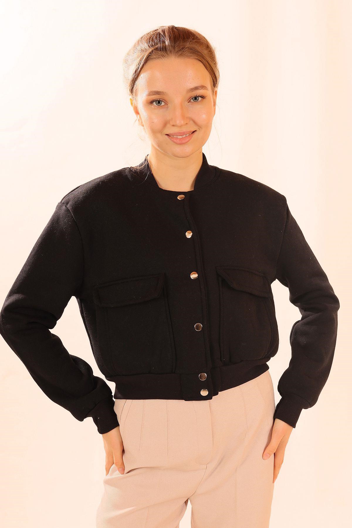 Siyah Çift Cepli Çıtçıtlı Kısa Sweat 1785