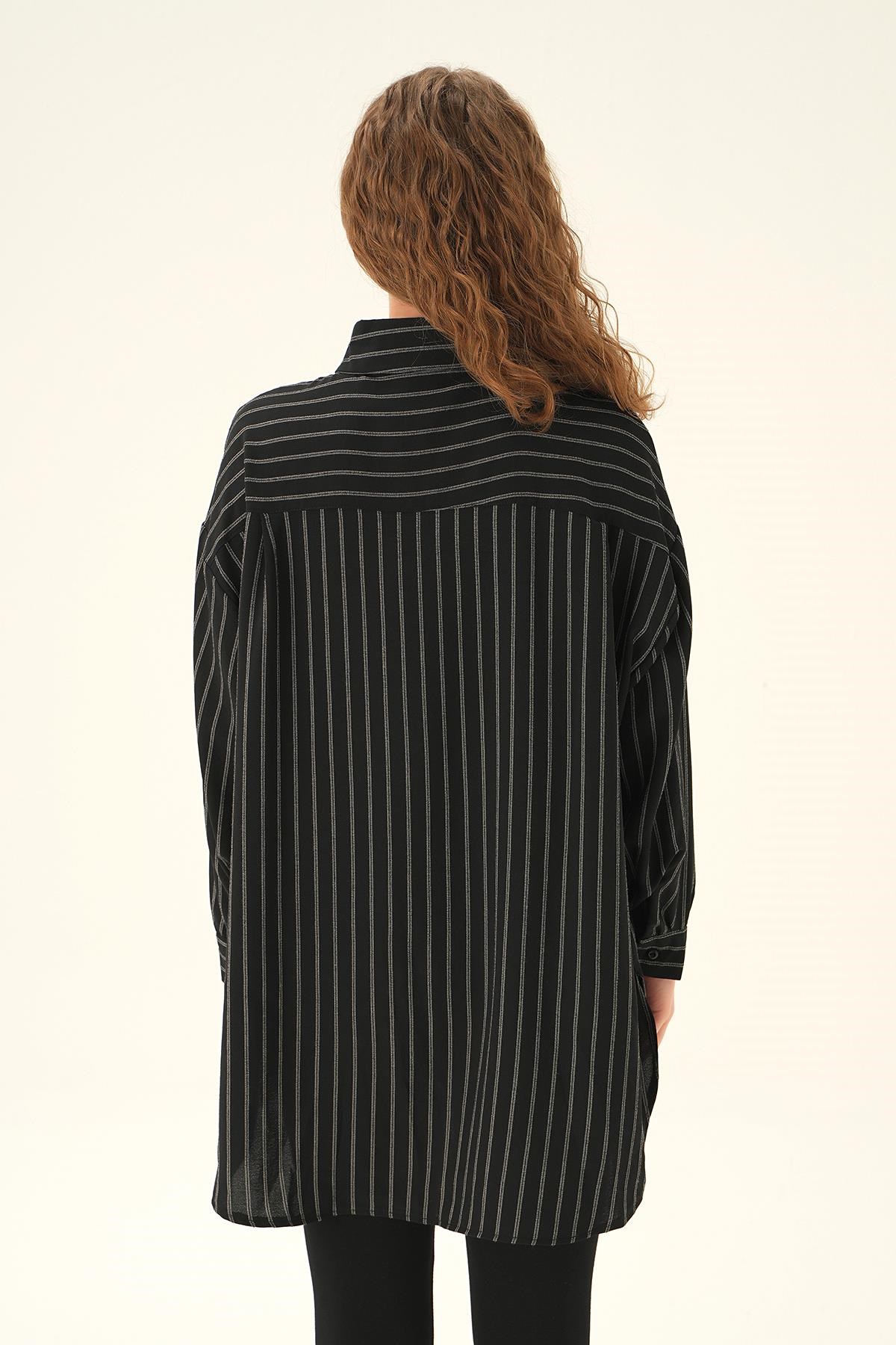 Siyah Çizgili Oversize Gömlek 4013A