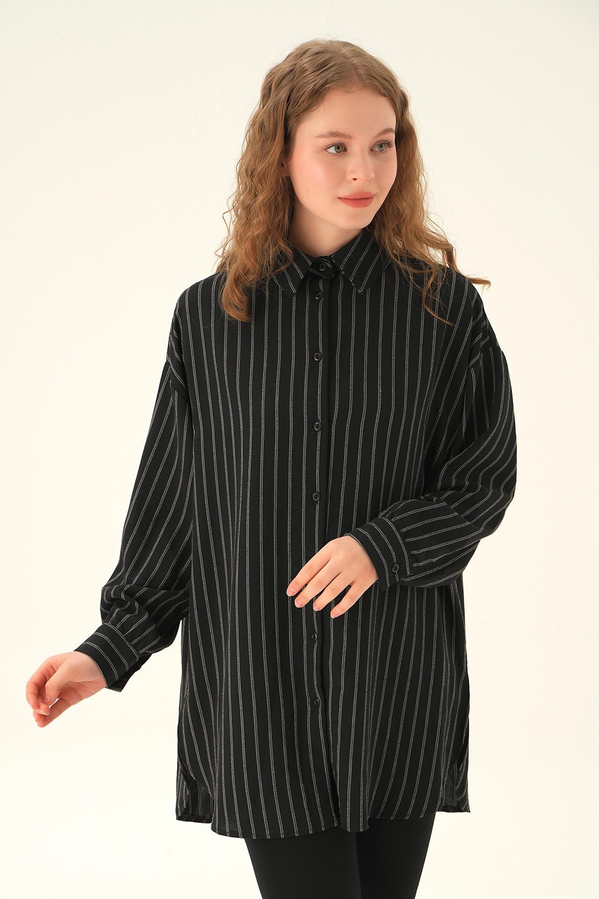 Siyah Çizgili Oversize Gömlek 4013A