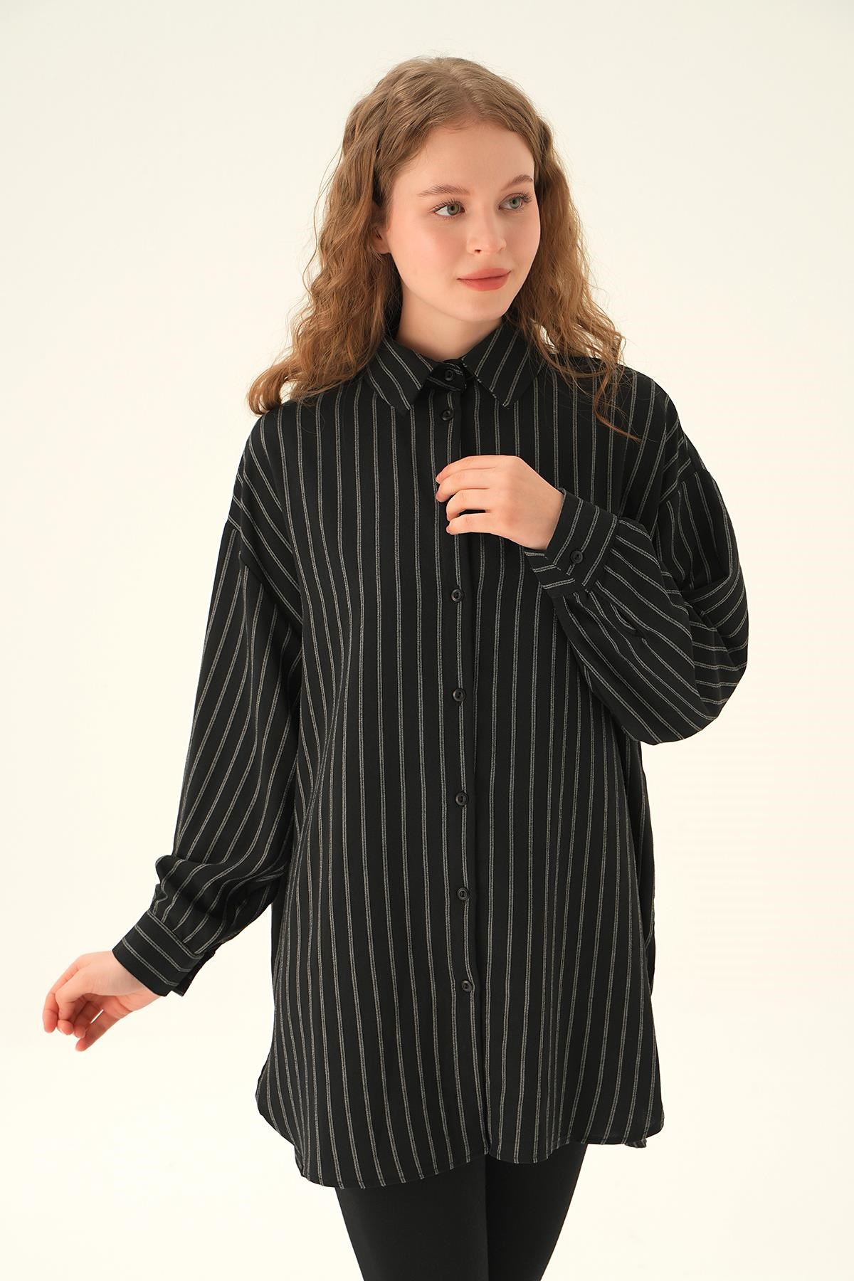Siyah Çizgili Oversize Gömlek 4013A