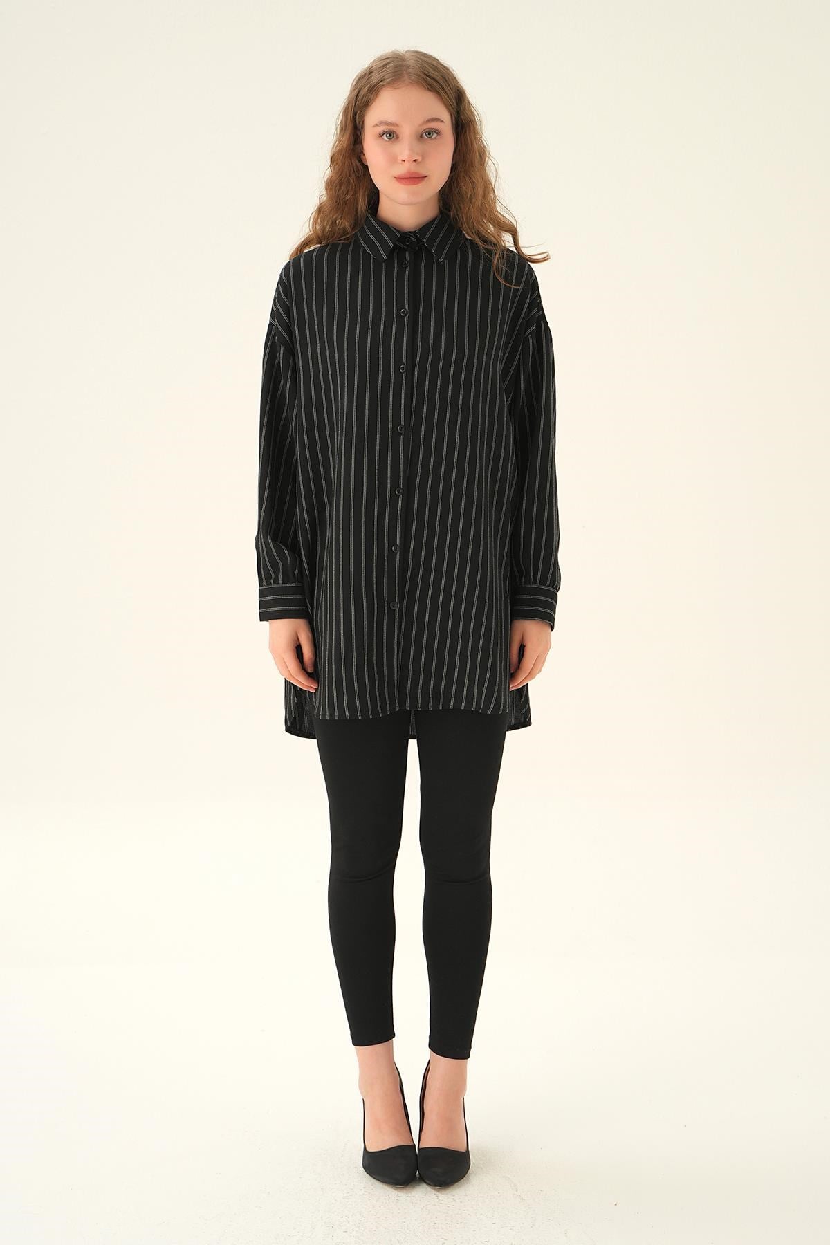 Siyah Çizgili Oversize Gömlek 4013A