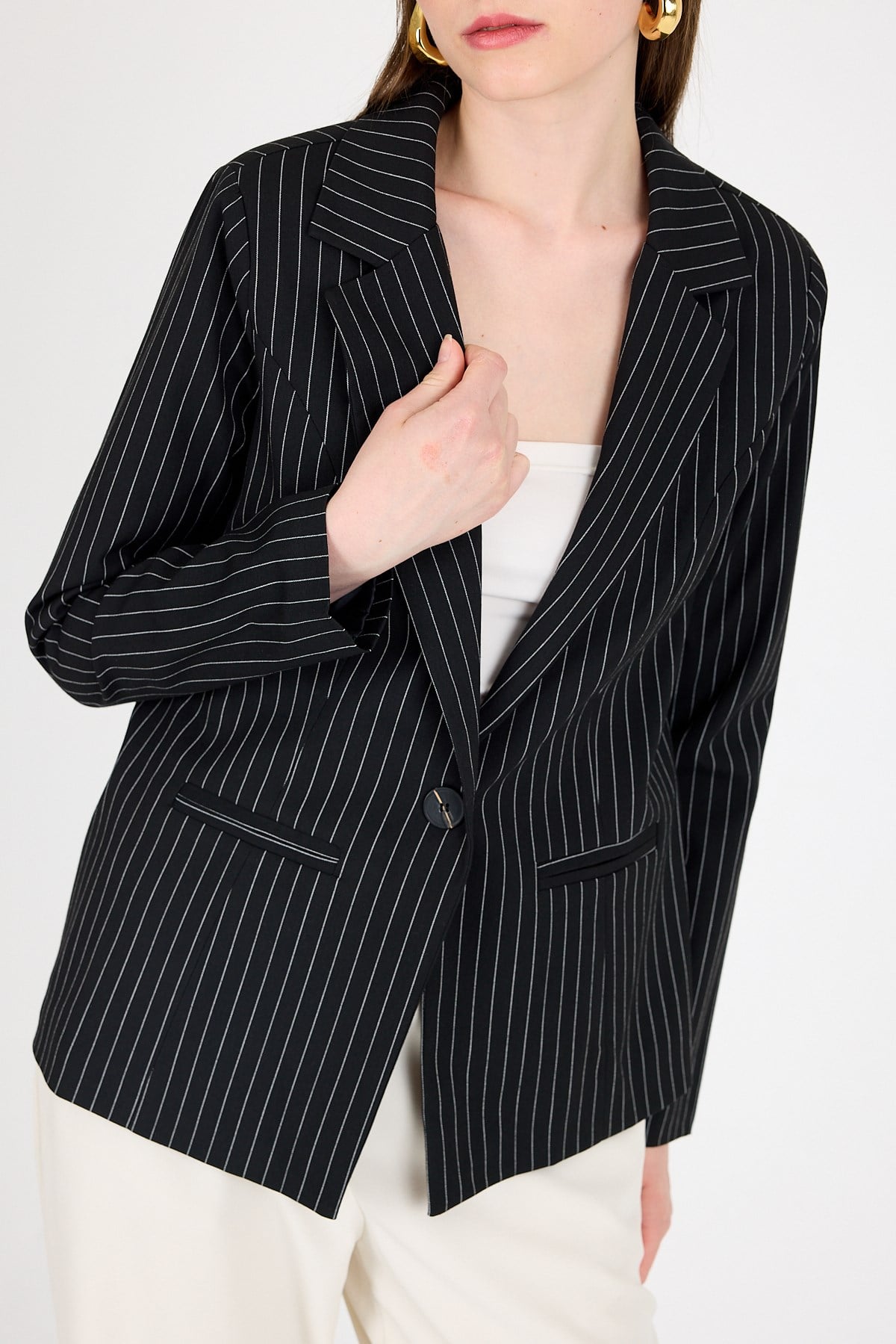 Siyah Çizgili Tek Düğmeli Blazer Ceket 4594A