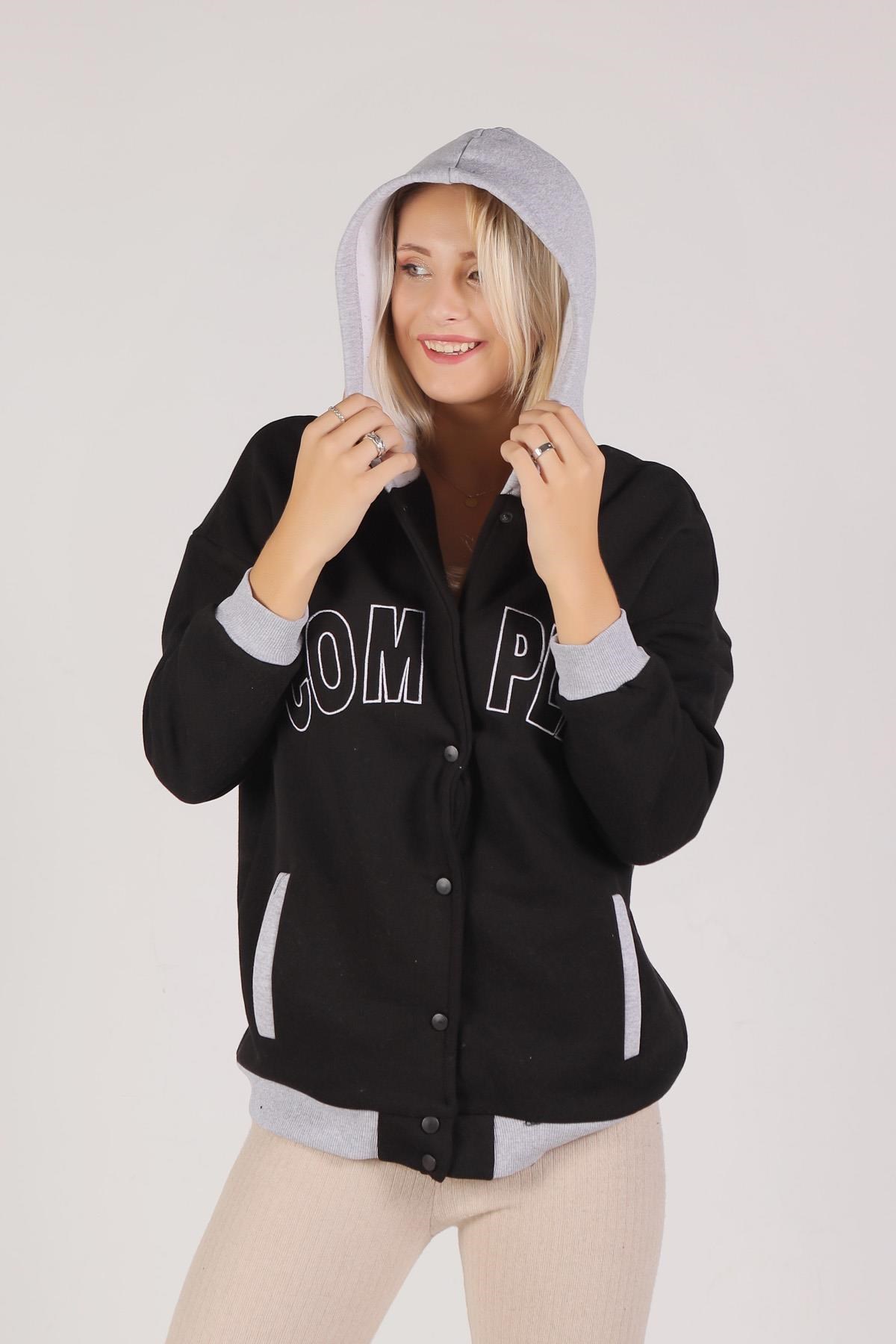 Siyah Complex Baskı Kapüşonlu Sweat 8143M