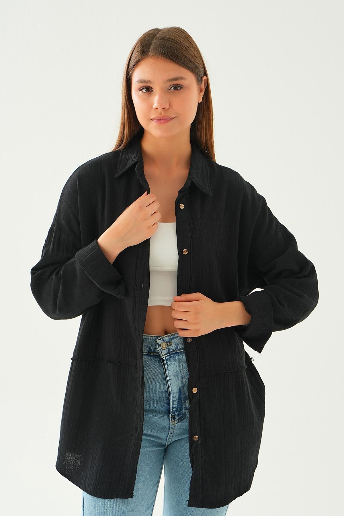Siyah Dikiş Detay Gömlek 1073
