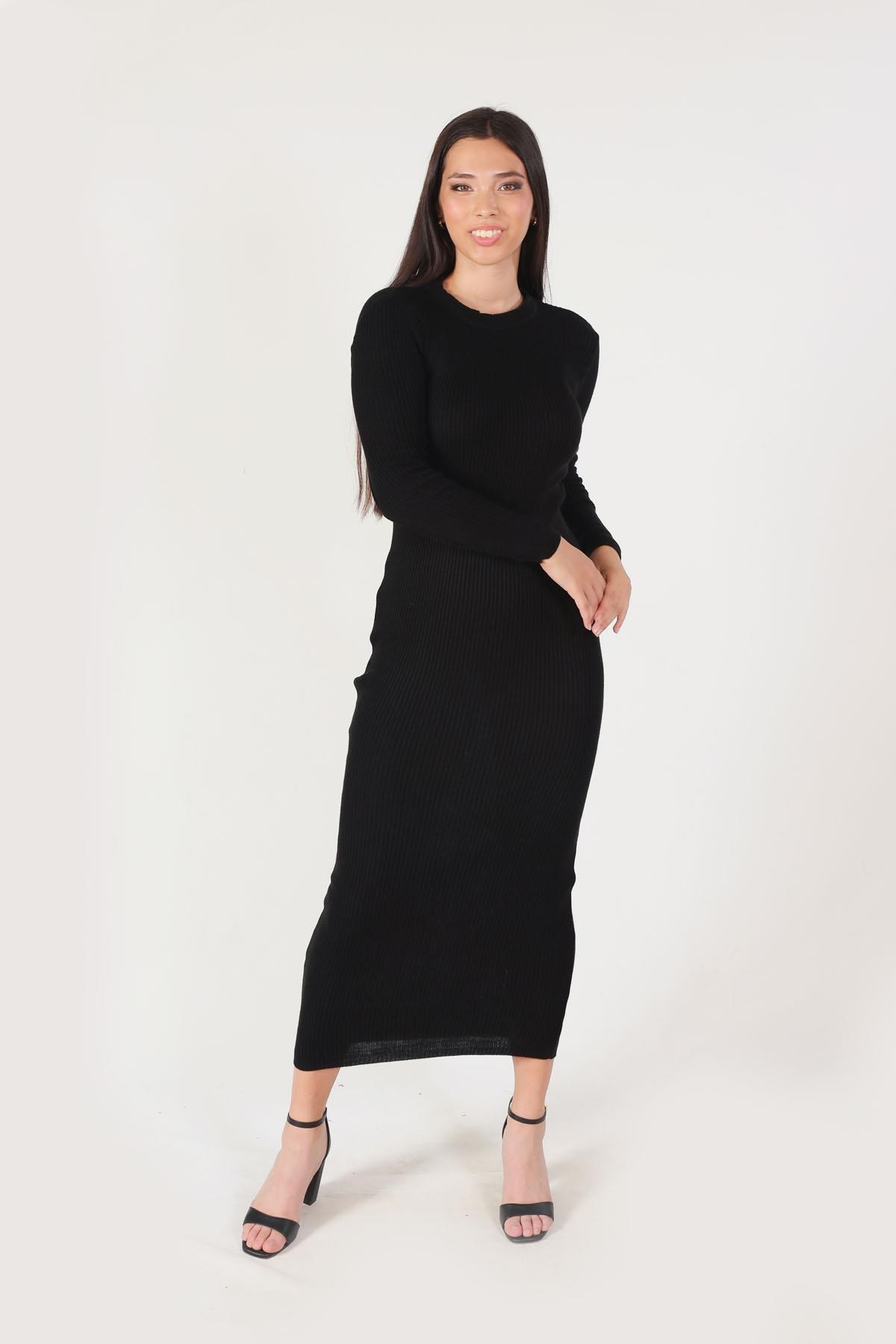 Siyah Fitilli Triko Elbise 2631
