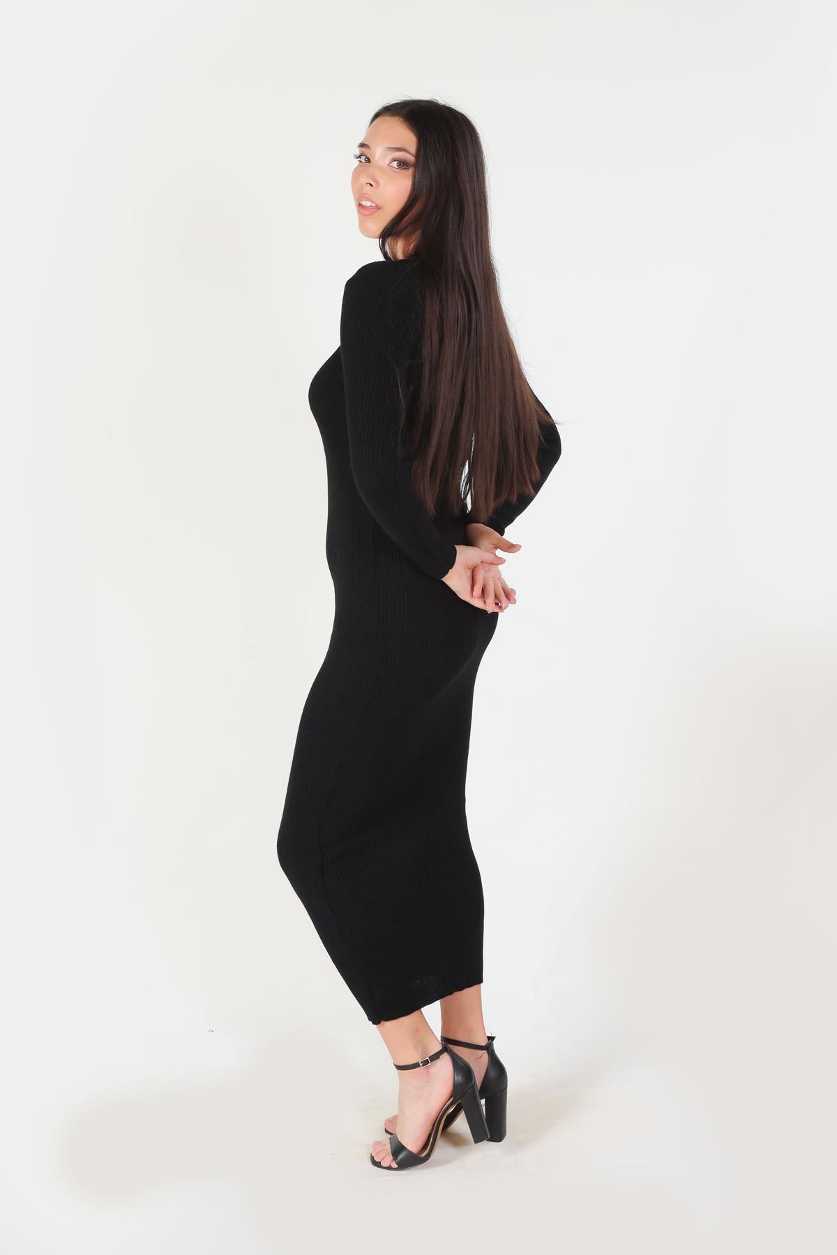 Siyah Fitilli Triko Elbise 2631