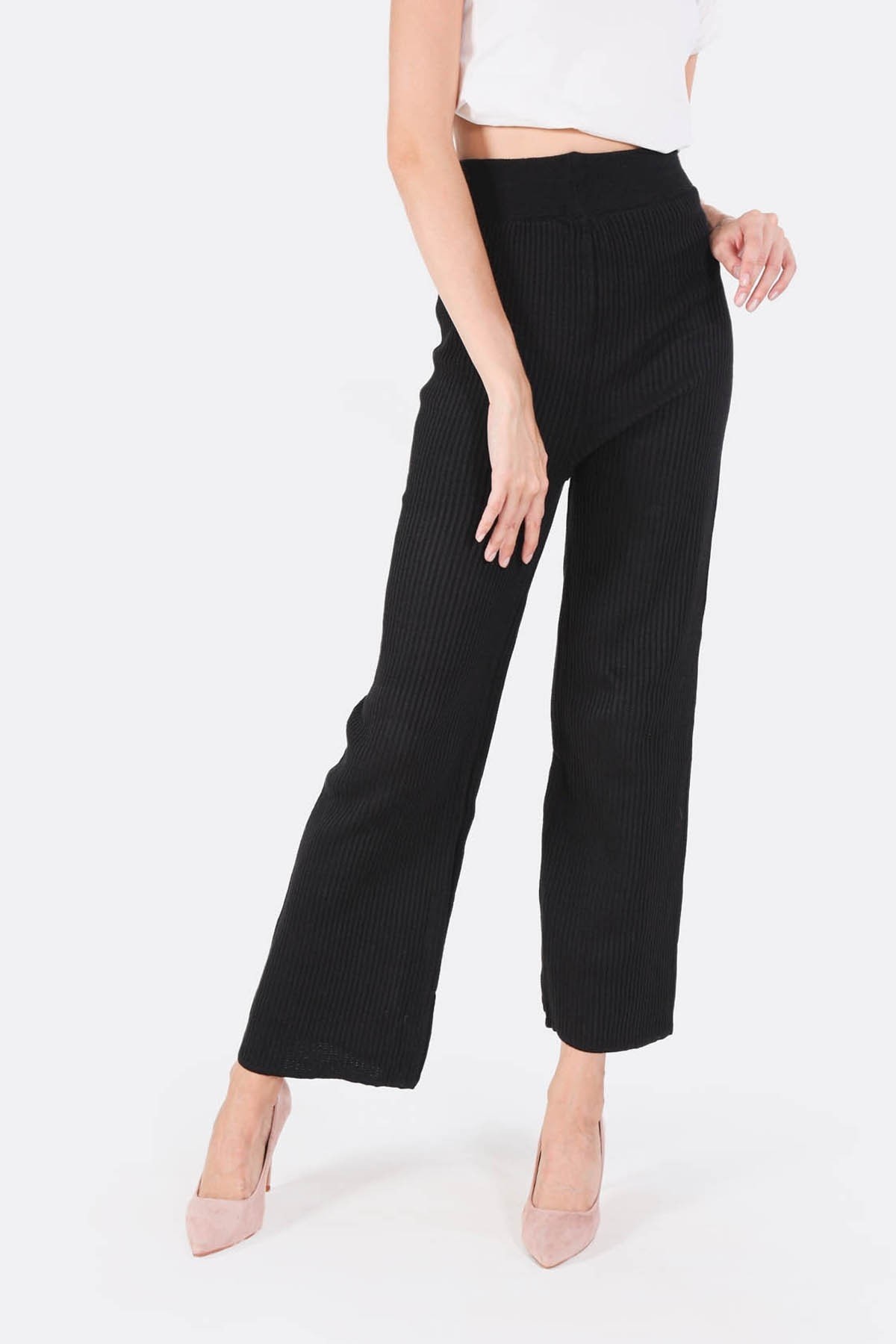 Siyah Geniş Paça Triko Pantolon 3028