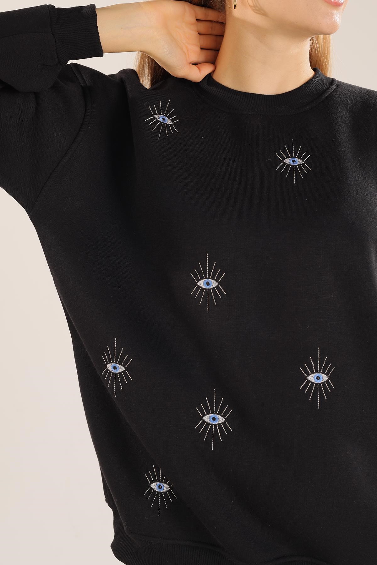 Siyah Göz Nakışlı Oversize Sweat 1543