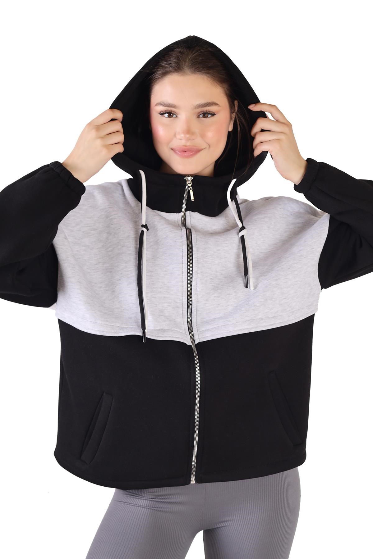Siyah-Gri Fermuar Detay Çift Renk Sweat 9144M