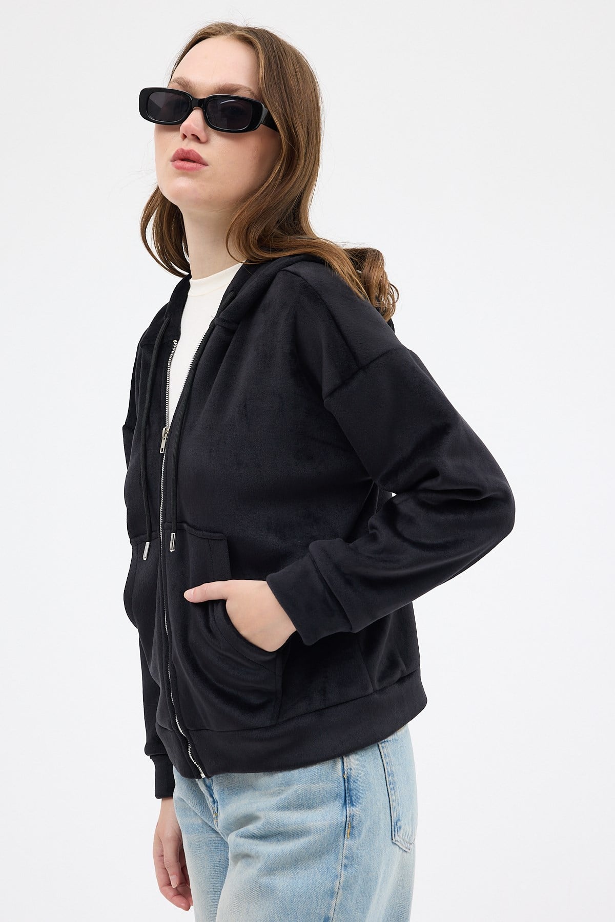 Siyah Kadın Fermuarlı Kapüşonlu Sweatshirt 3059A