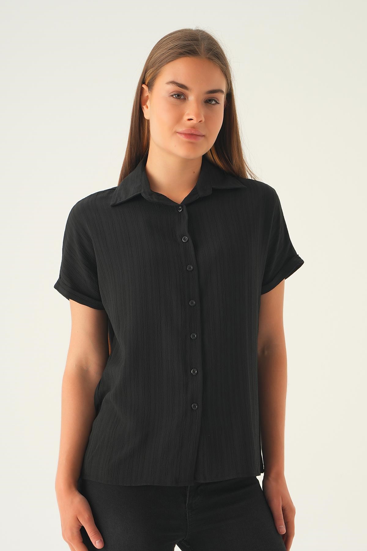 Siyah Kısa Kol Oversize Gömlek 4163A