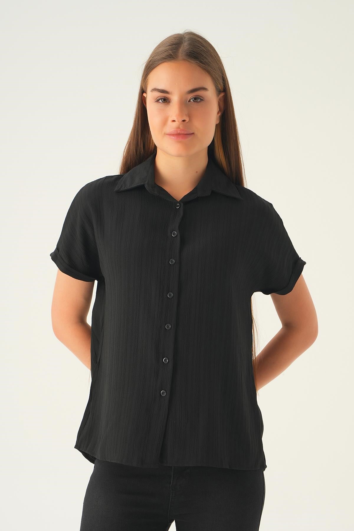 Siyah Kısa Kol Oversize Gömlek 4163A