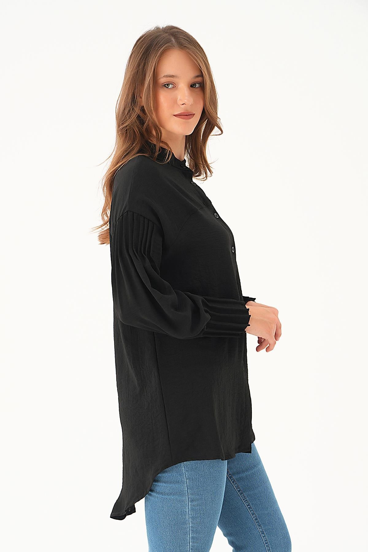 Siyah Kol Drape Detay Gömlek 4098A