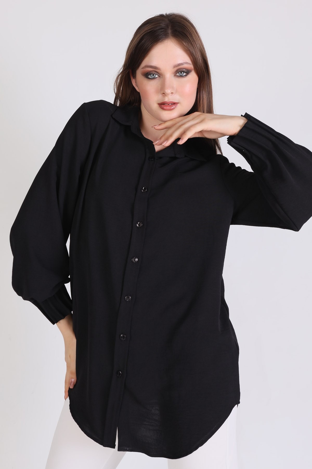 Siyah Kol Drape Detay Gömlek 6454A