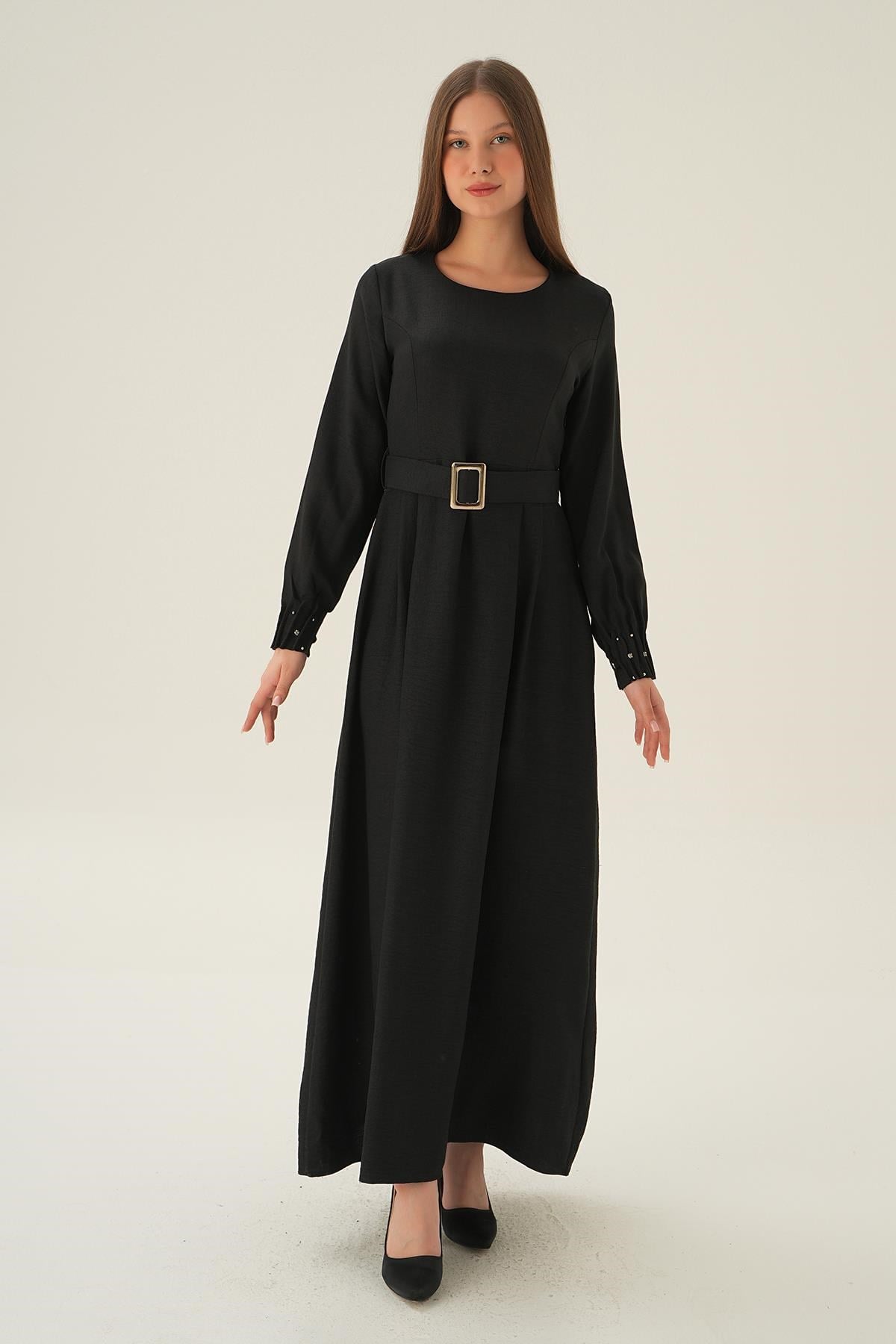 Siyah Kol Drape Detay Kemerli Elbise 2659