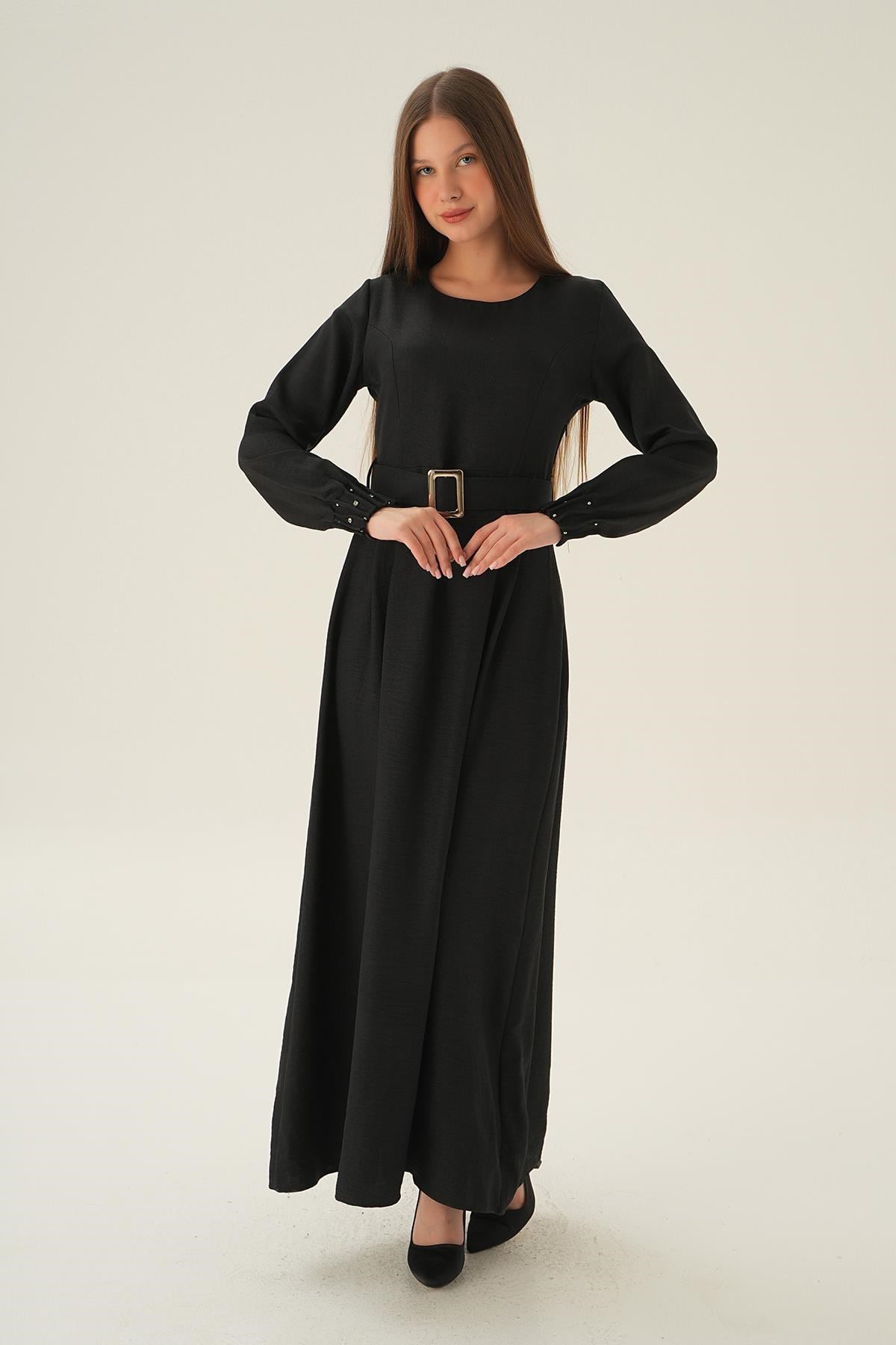 Siyah Kol Drape Detay Kemerli Elbise 2659
