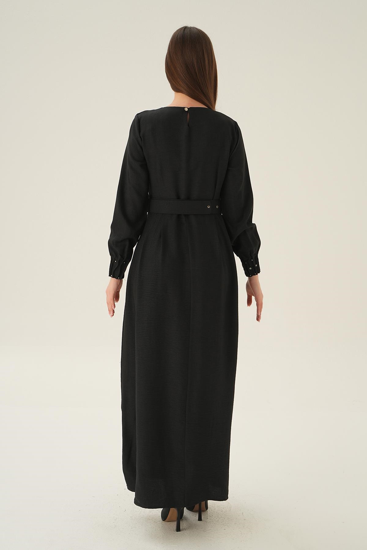 Siyah Kol Drape Detay Kemerli Elbise 2659