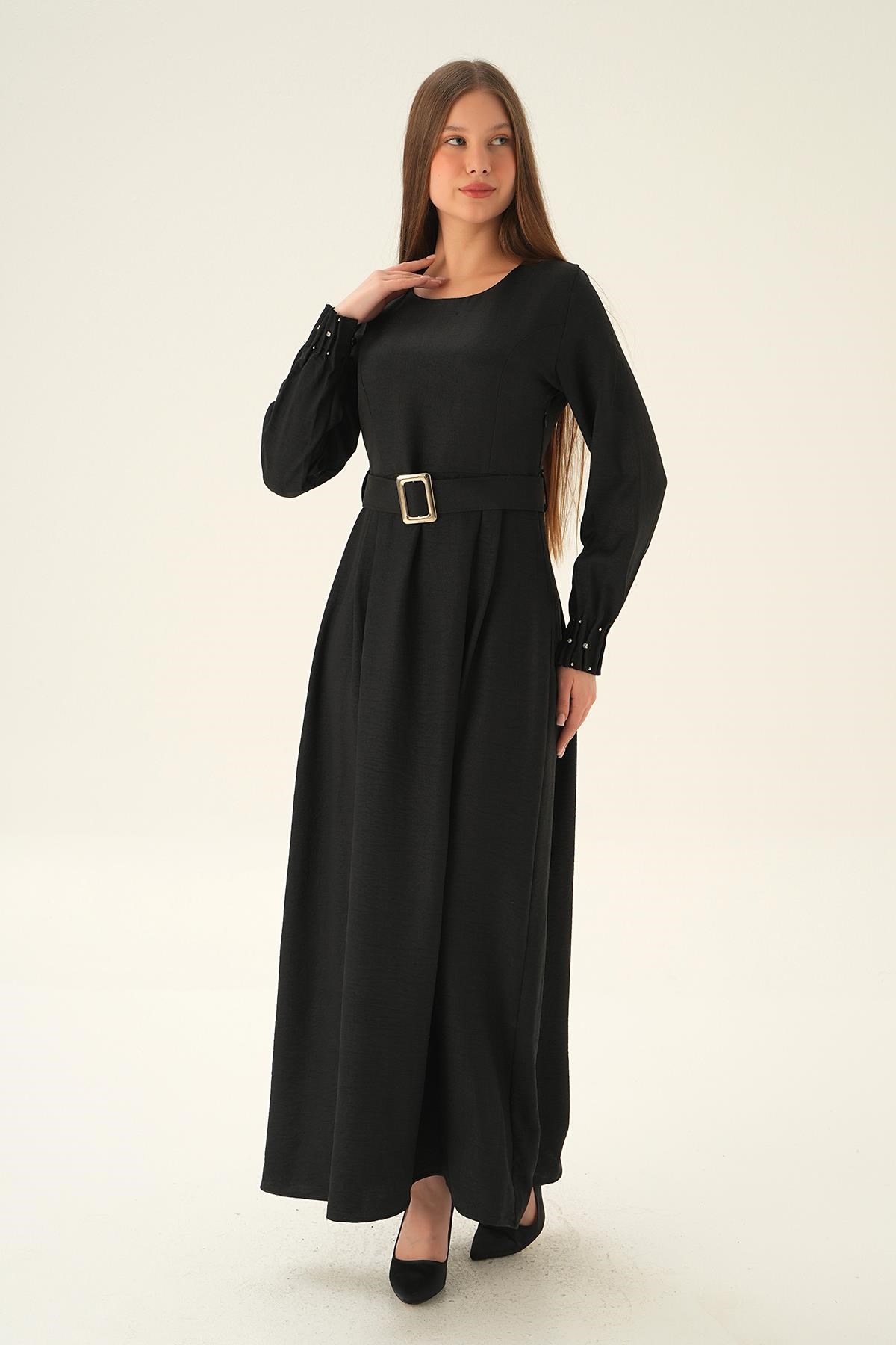 Siyah Kol Drape Detay Kemerli Elbise 2659