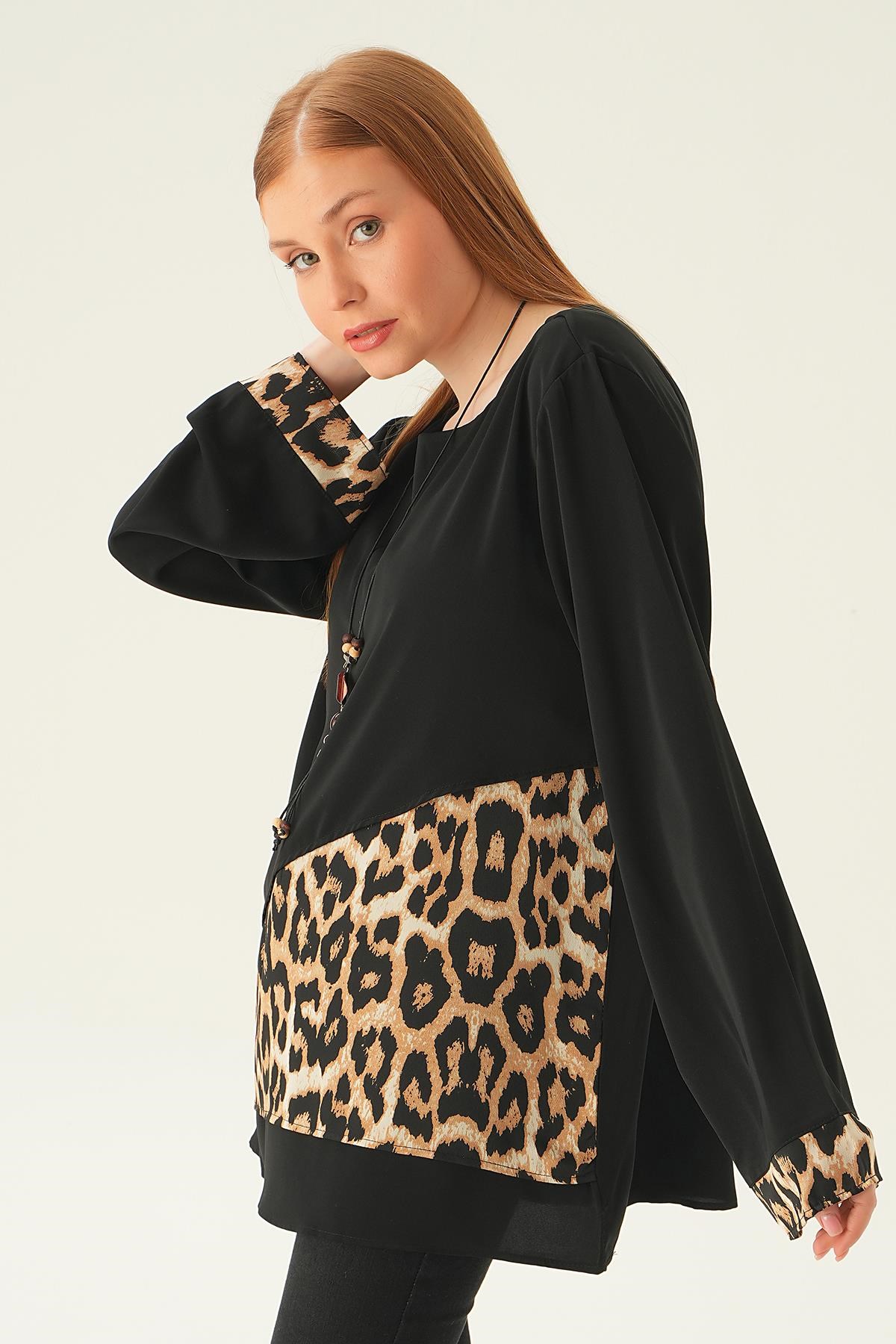 Siyah Leopar Detay Bluz 25548