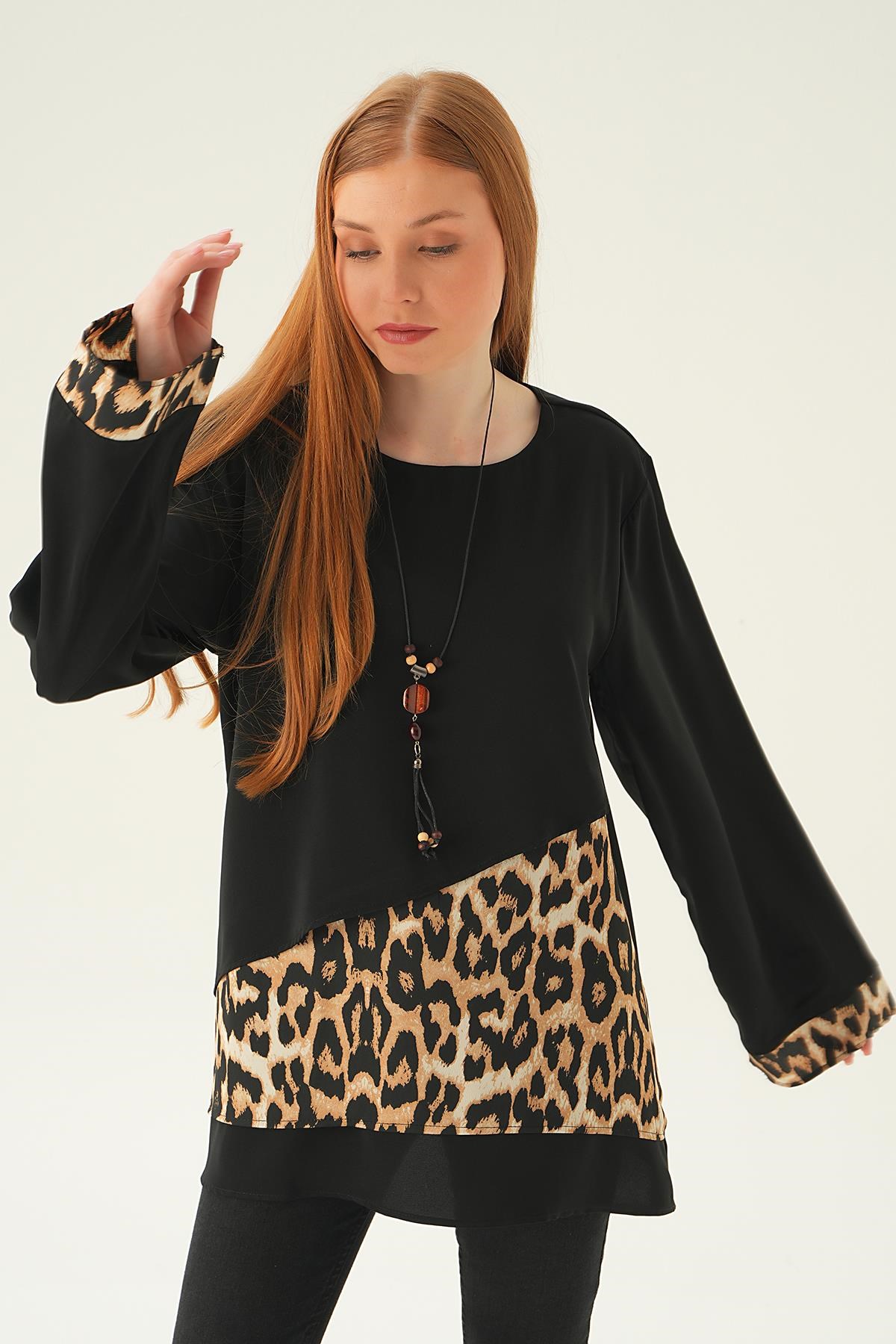 Siyah Leopar Detay Bluz 25548