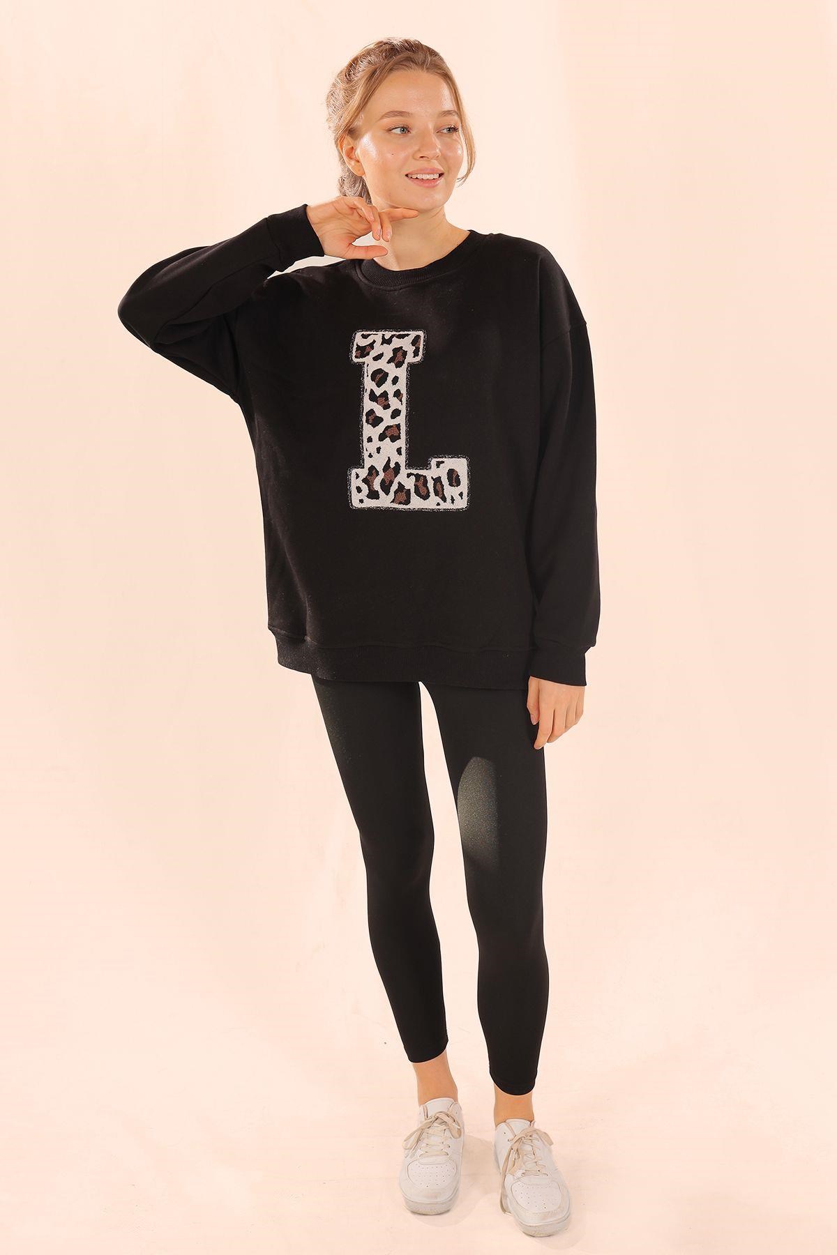 Siyah Leopar Detay Sweat 3569