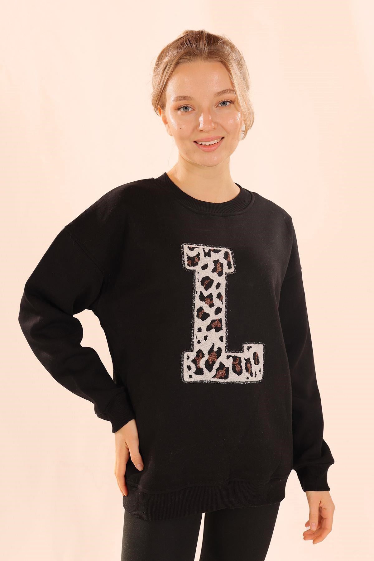 Siyah Leopar Detay Sweat 3569