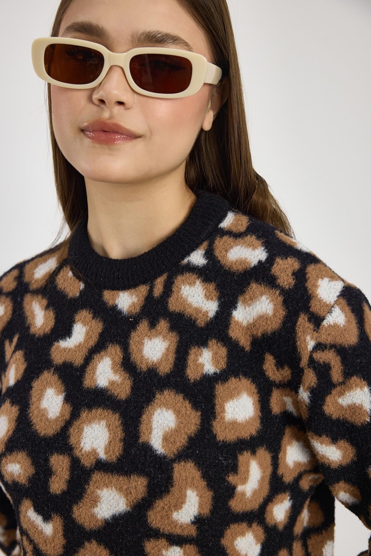 Siyah Leopar Detay Triko Kazak 24342