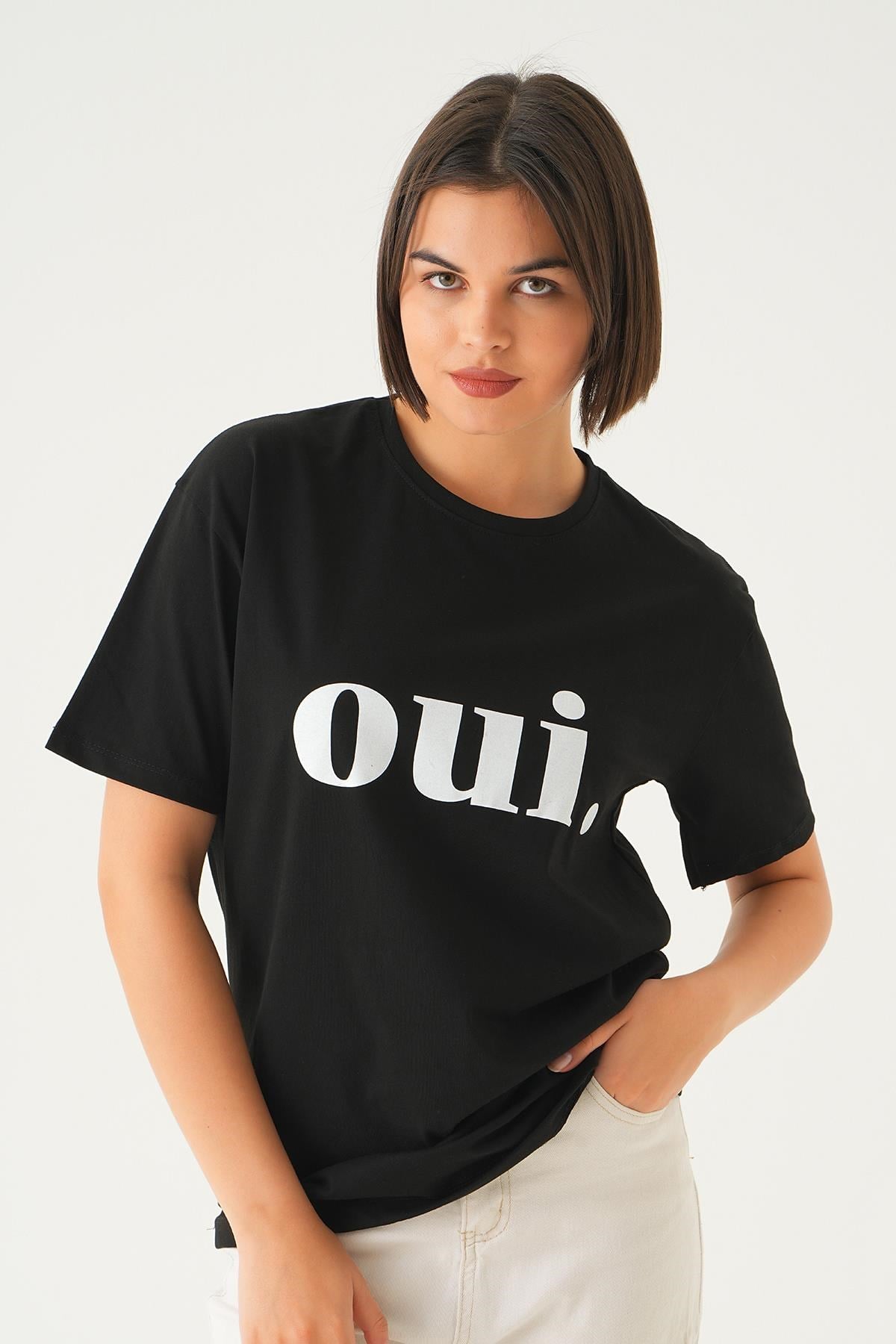 Siyah Oui Baskı Oversize Tişört 1714
